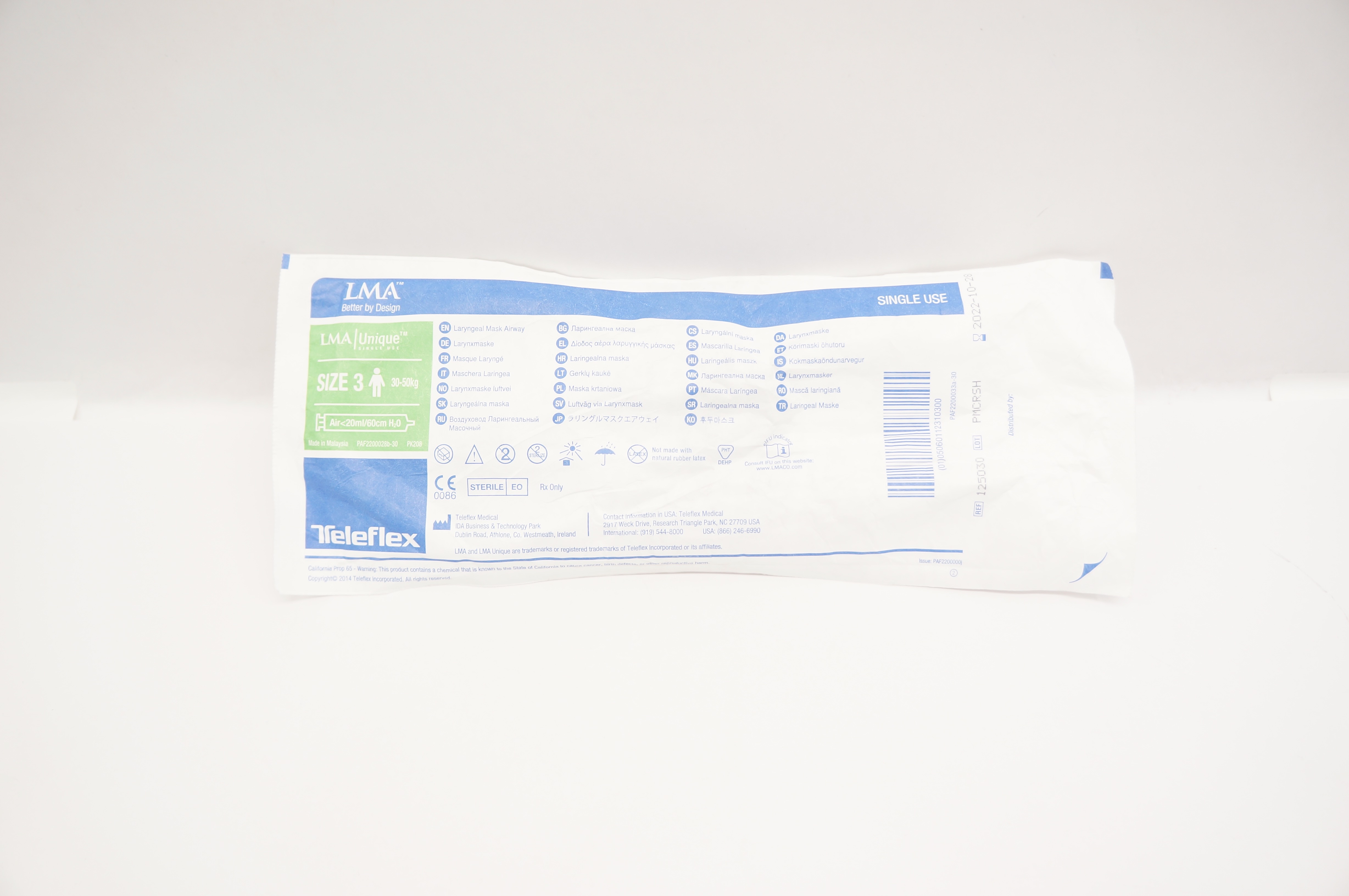 Teleflex 125030 LMA Unique Laryngeal Mask Airway Size3 30-50kg <20ml/60cm H2O(x)