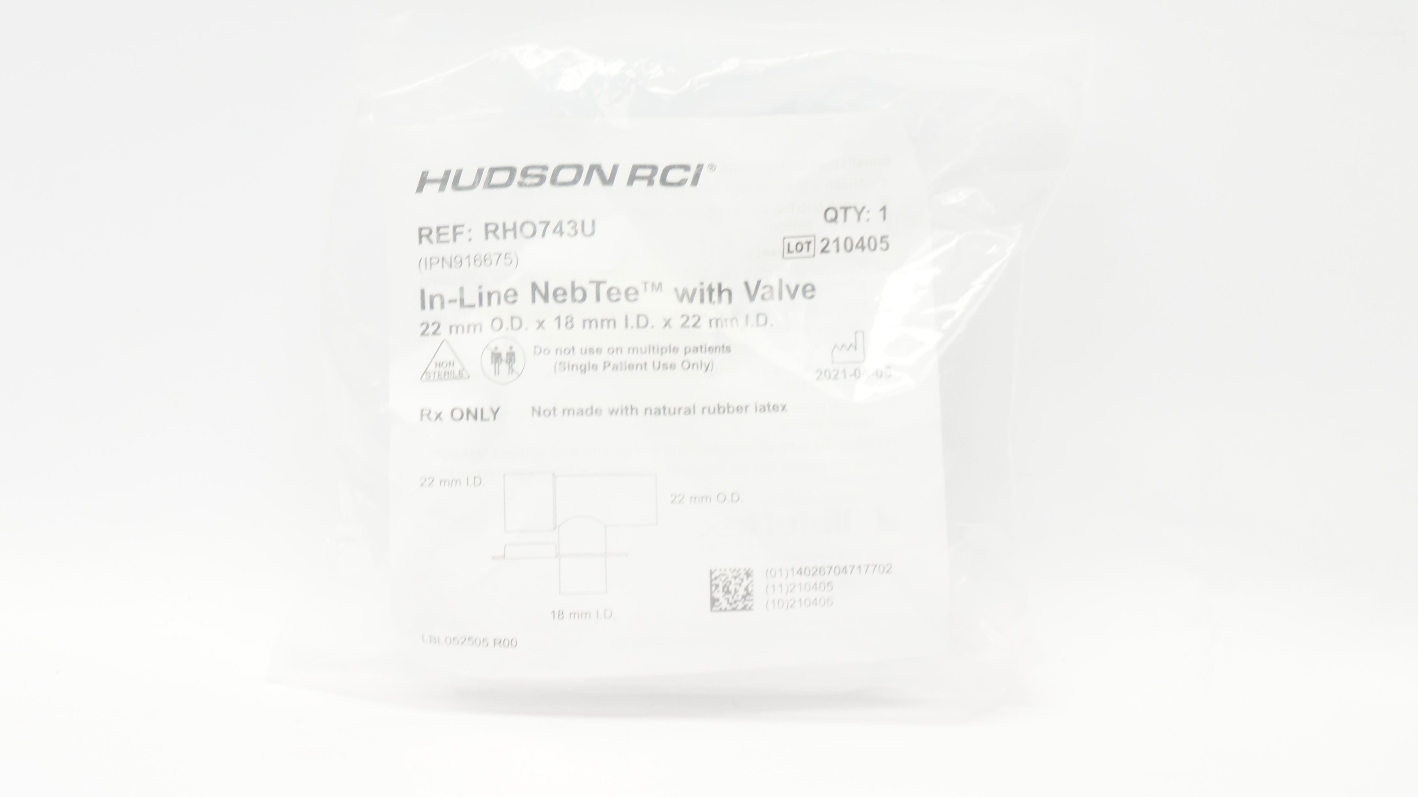 Teleflex RHO743U Hudson RCI In-Line NebTee W/Valve 22mm OD x 18mm ID x 22mm ID