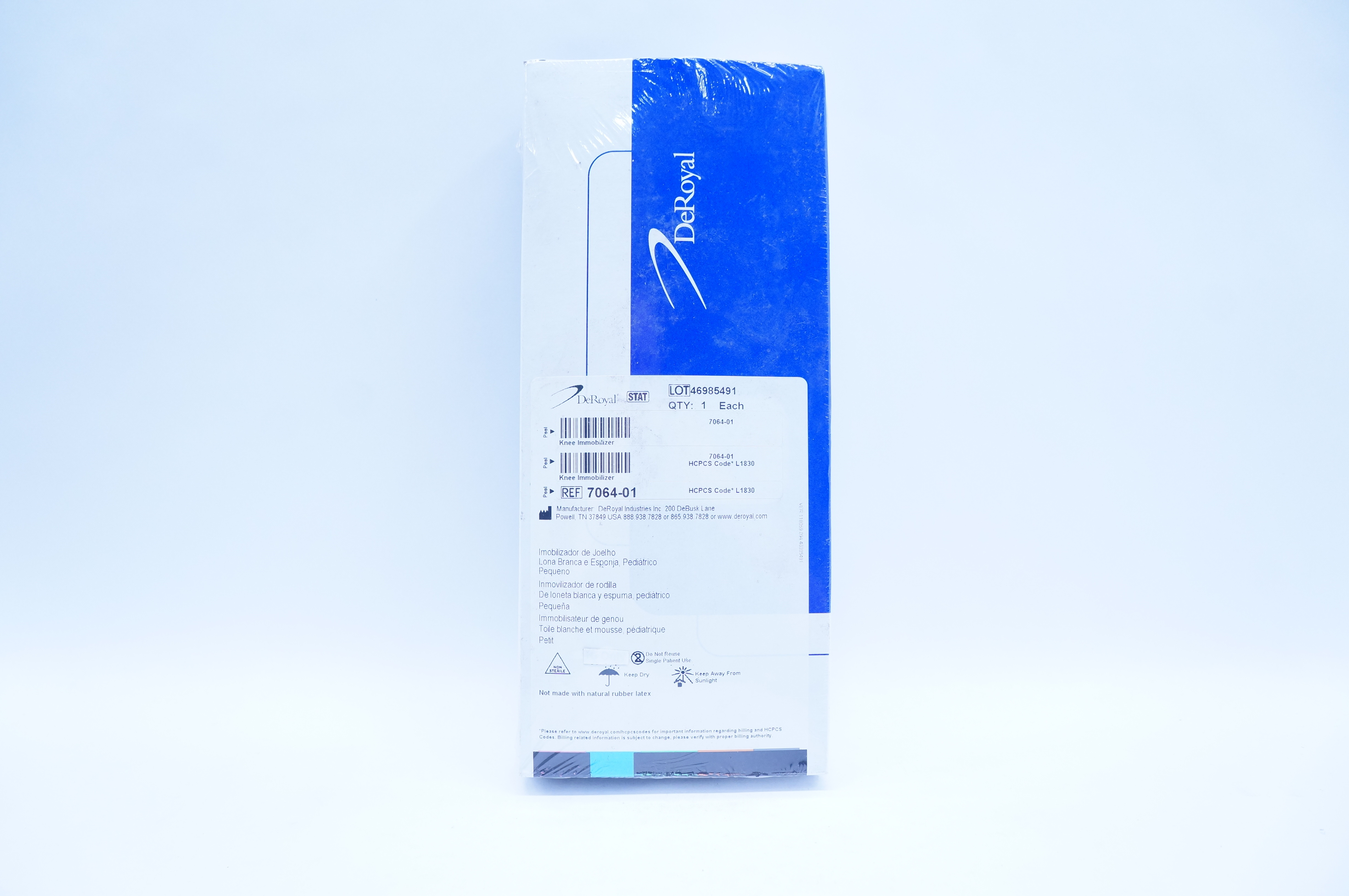 DeRoyal 7064-01 Knee Immobilizer White Canvas and Foam Pediatric Small 8-10 inch