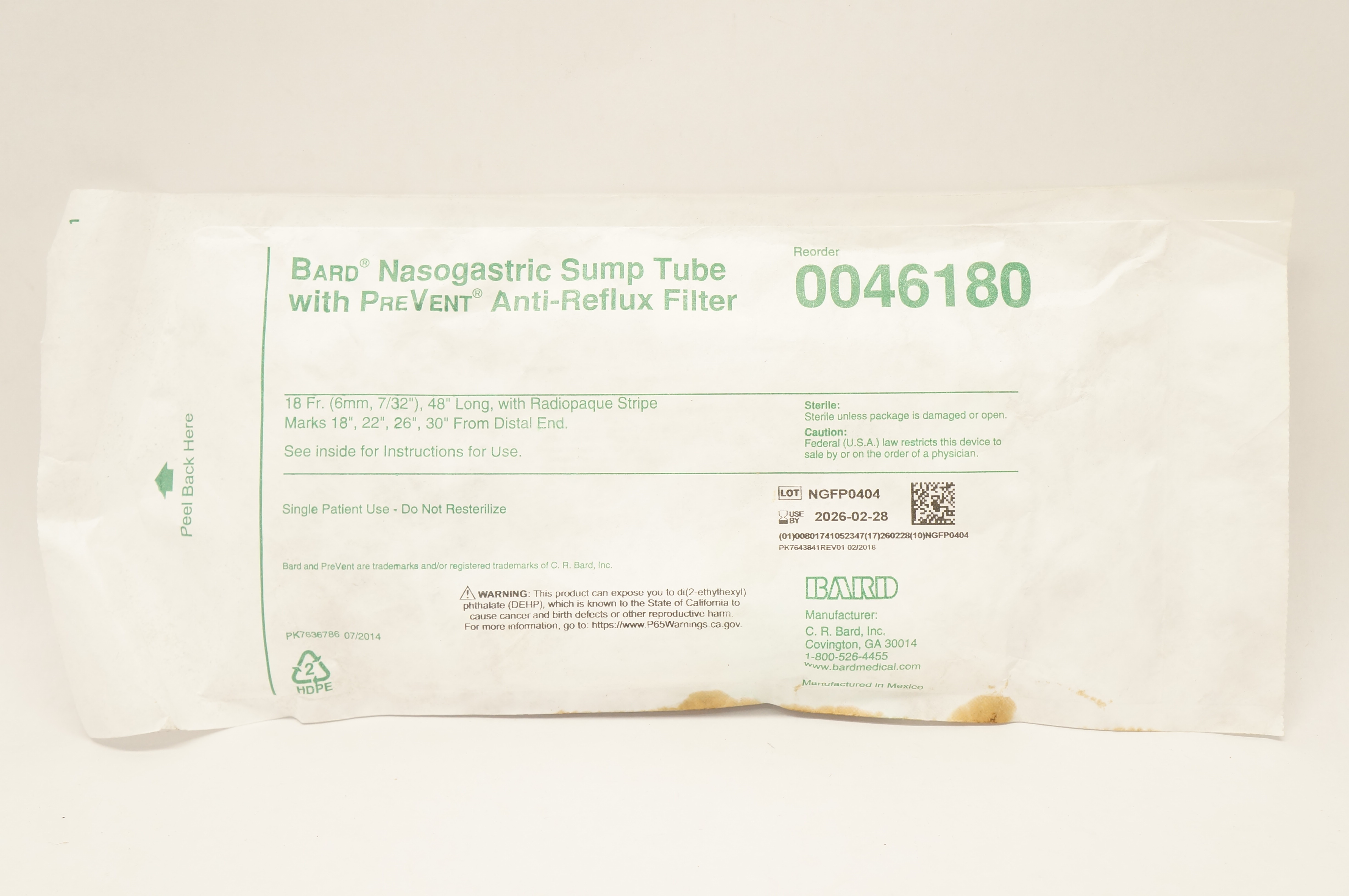 Bard 0046180 Nasogastric Sump Tube With PreVent Anti-Reflux Filter 18Fr