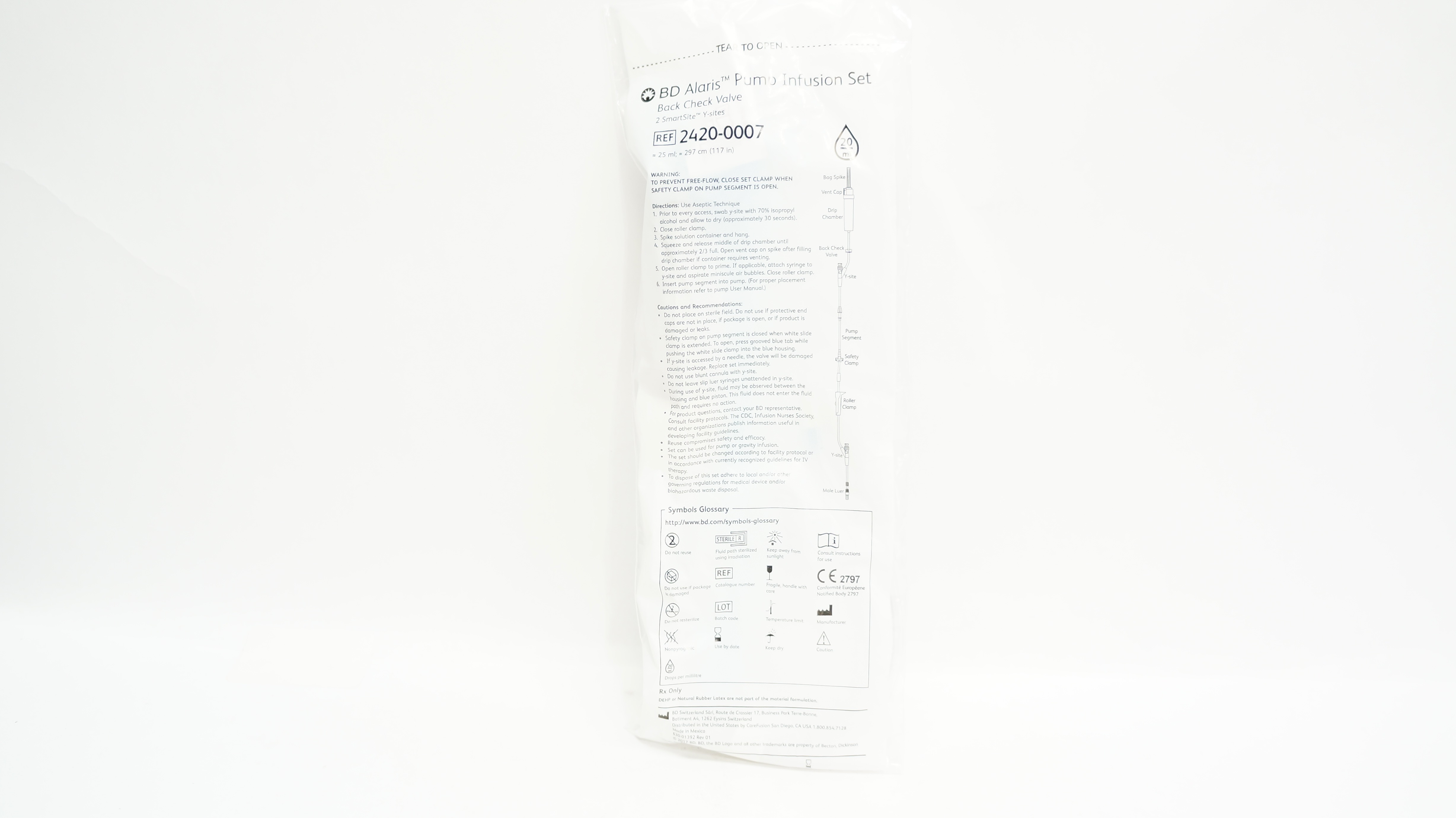 BD 2420-0007 Alaris Pump Infusion Set Back Check Valve 117inch x 25ml 20Drops/ml