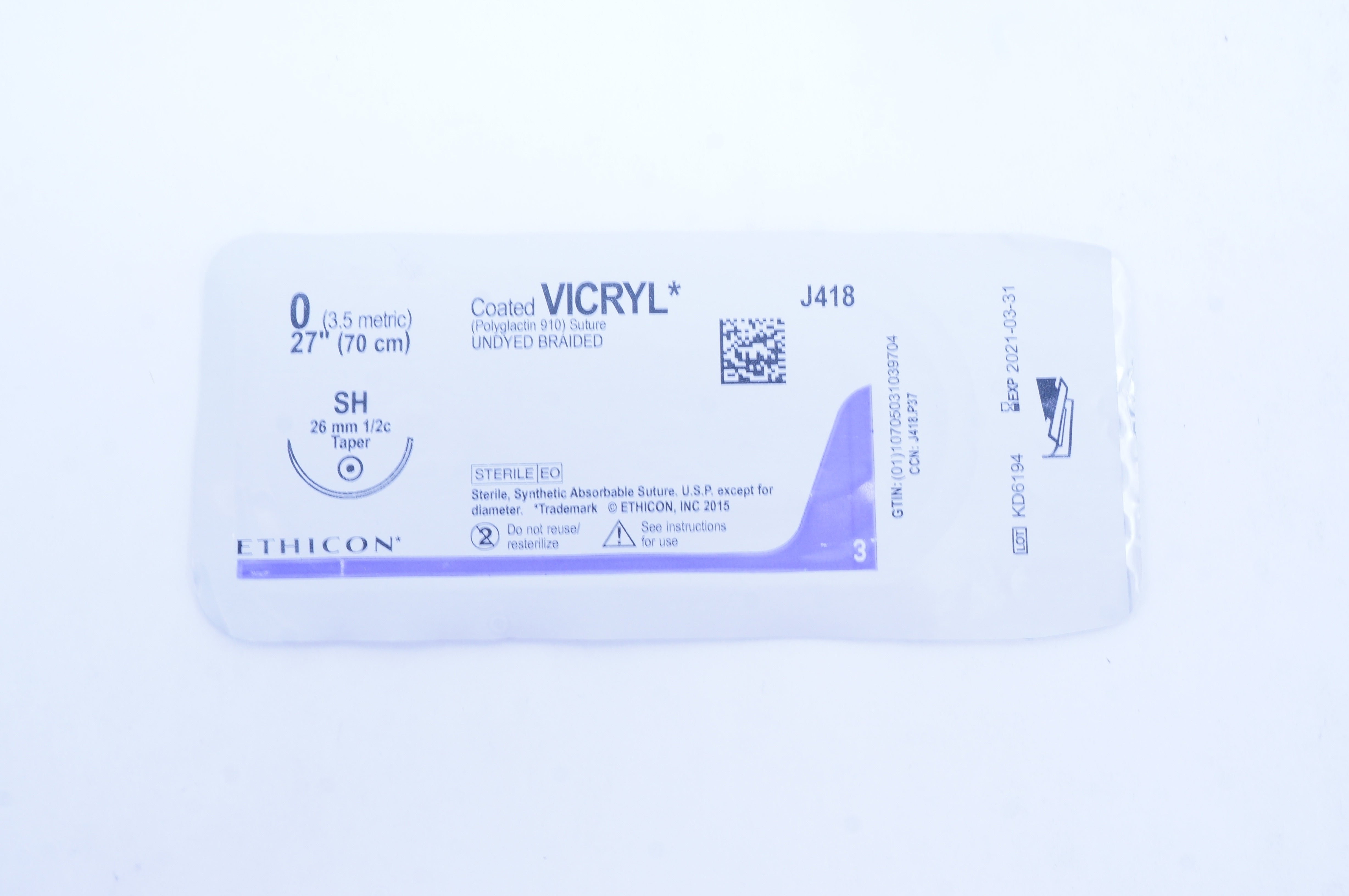 Ethicon J418 0 Coated VICRYL Stre SH 26mm 1/2c Taper, 27inch