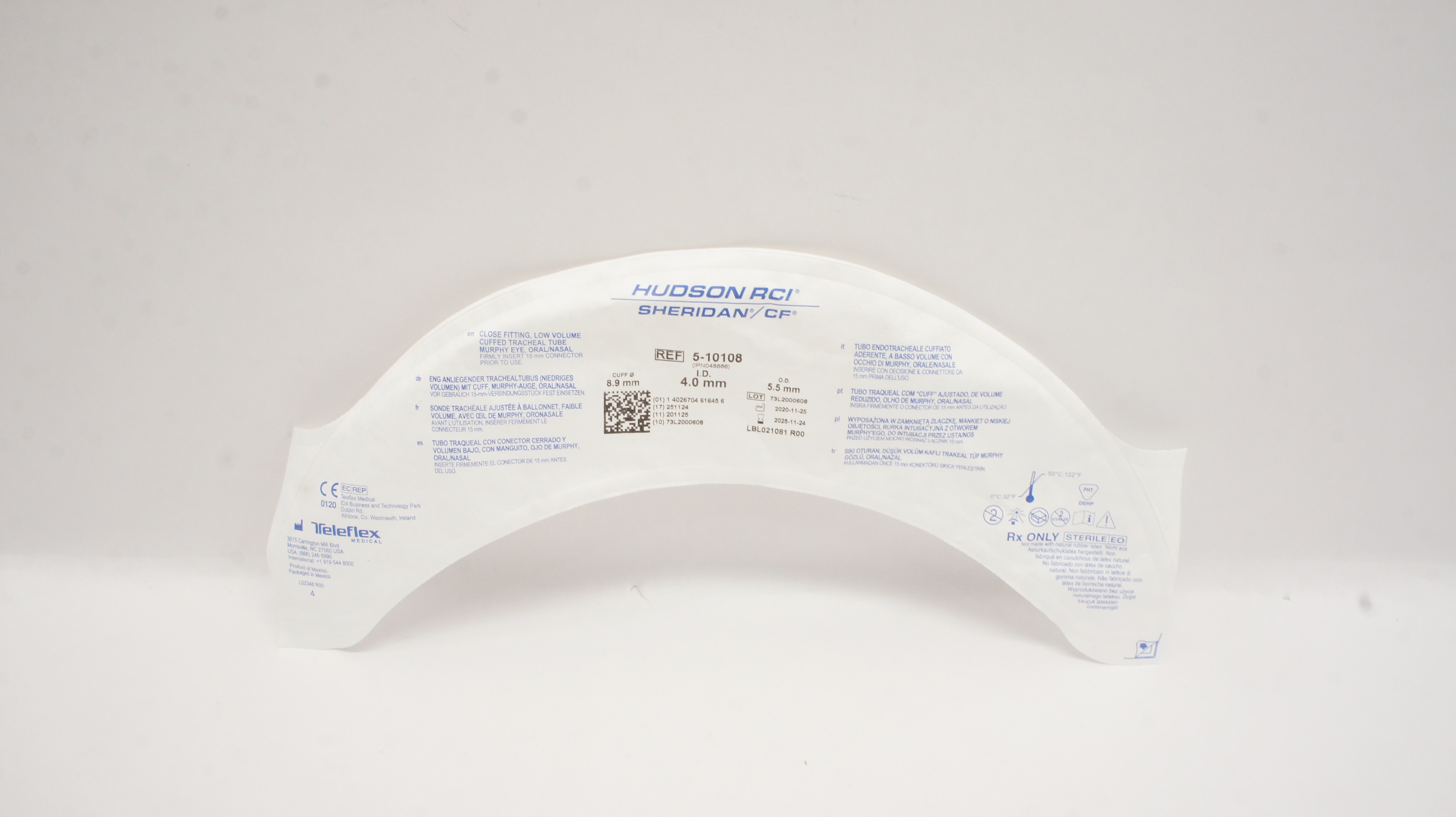 Teleflex 5-10108 Hudson RCI Sheridan CF Tracheal Tube 8.9mm x 4.0mm