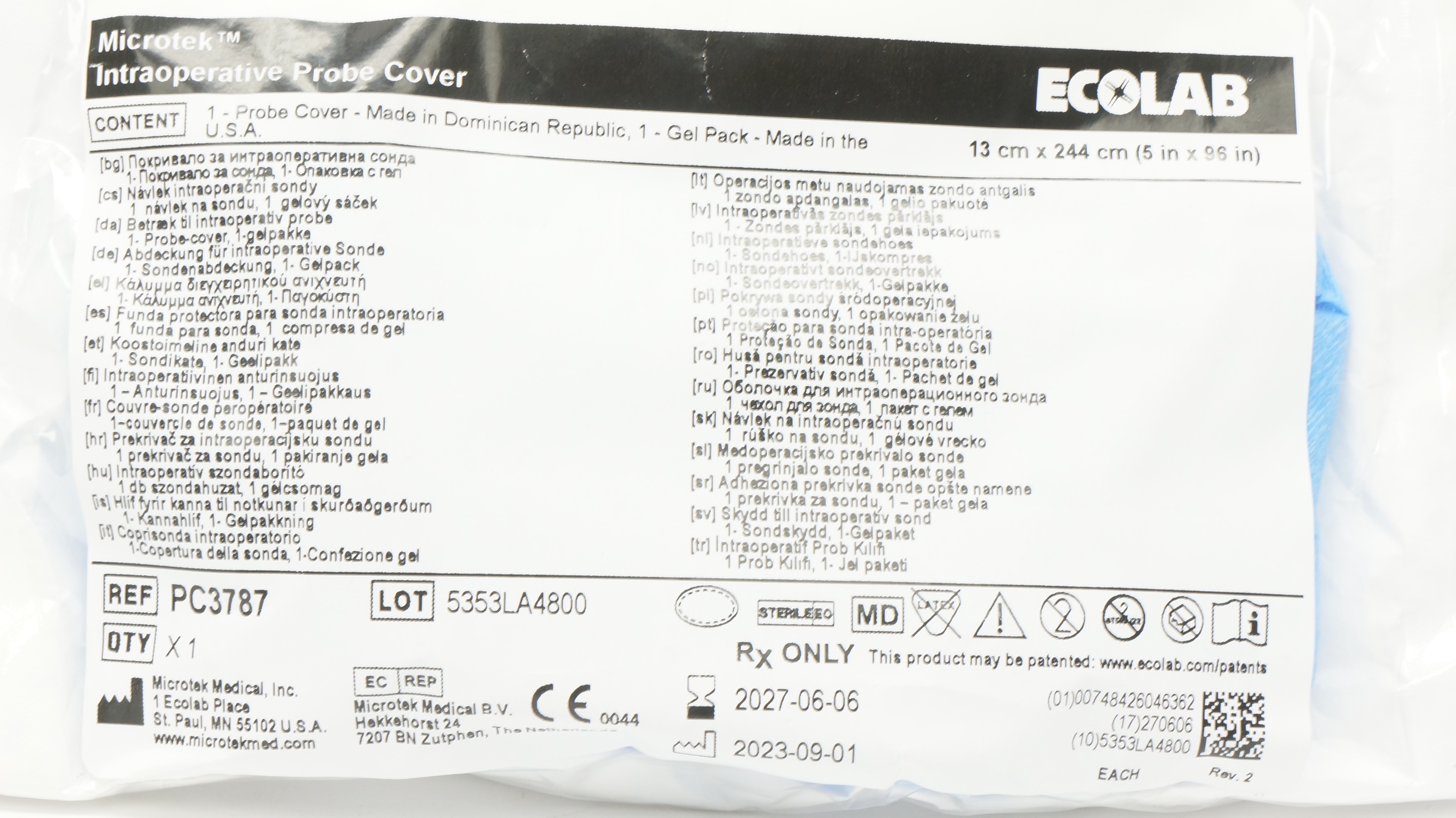 Microtek PC3787 Ecolab Intraoperative Probe Cover 5inch x 96inch, Gel Pack