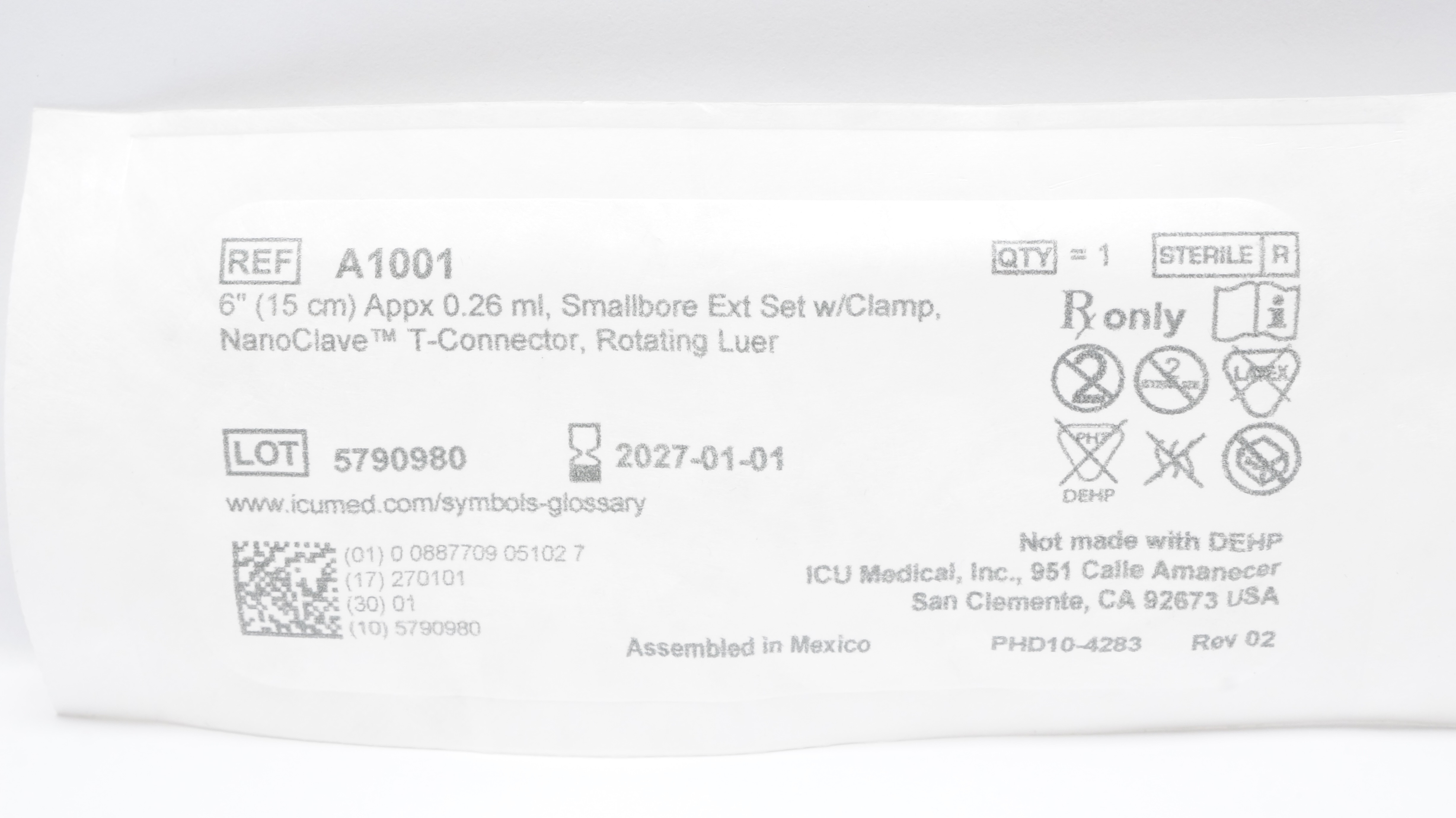 ICU Medical A1001 6inch Appx. 0.26ml, Smallbore Ext Set W/Clamp T-Connector Luer