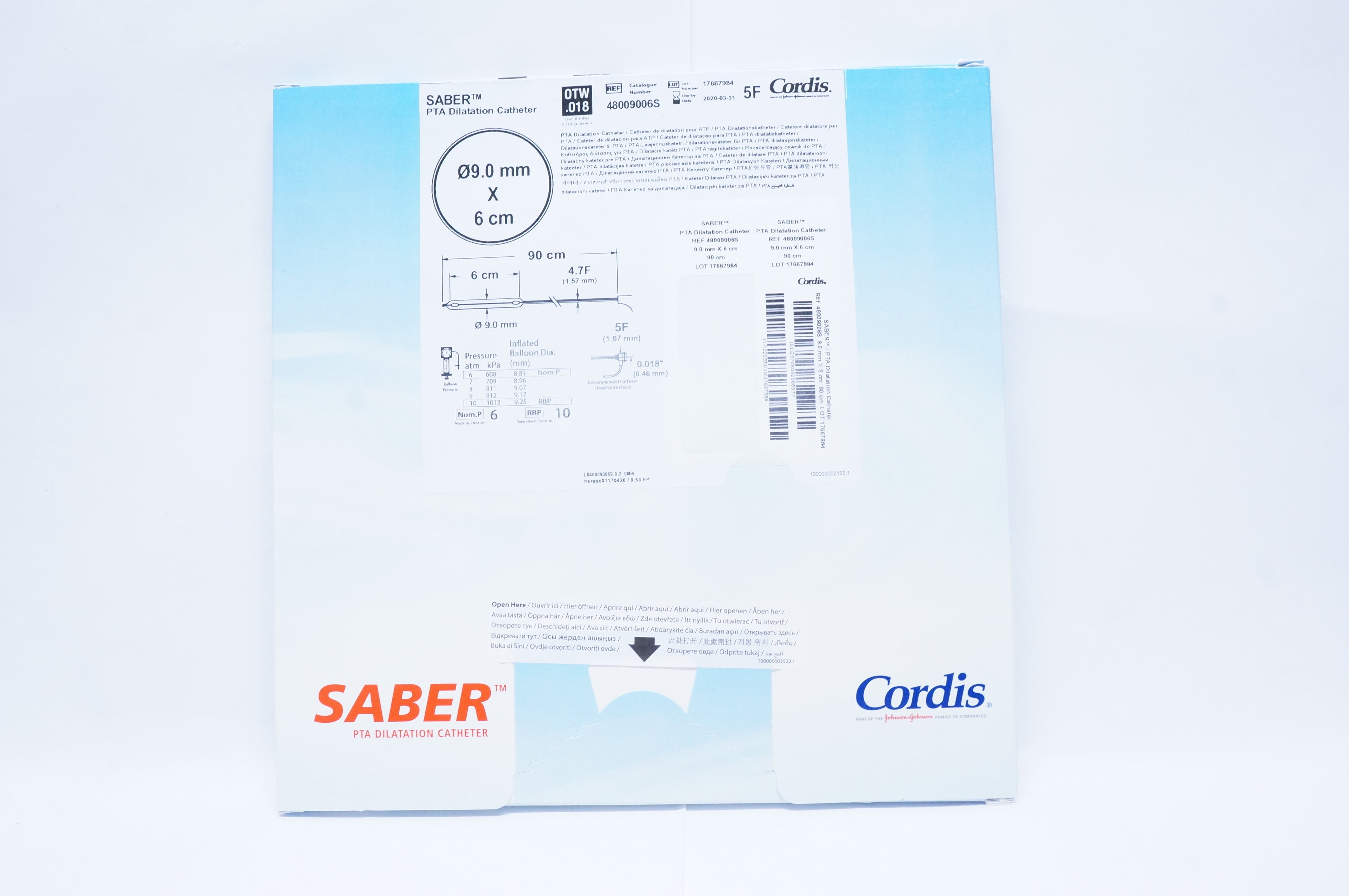 Cordis 48009006S Saber PTA Dilatation Cath. 5F .018 OTW 9.0mm x  6cm x 90cm (x)