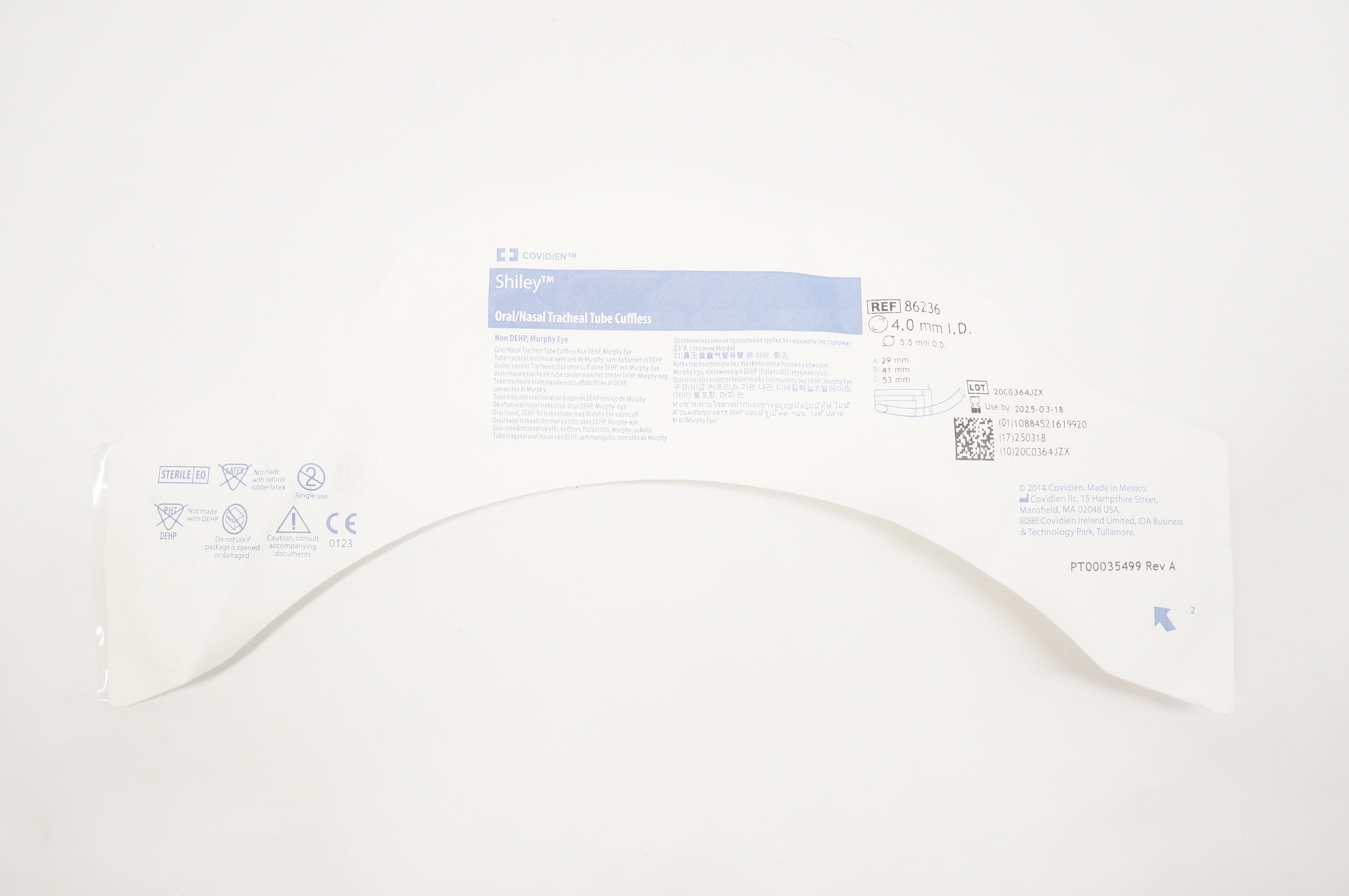 Covidien 86236 Shiley Oral/Nasal Tracheal Tube Cuffless 4.0m ID x 5.5mm OD