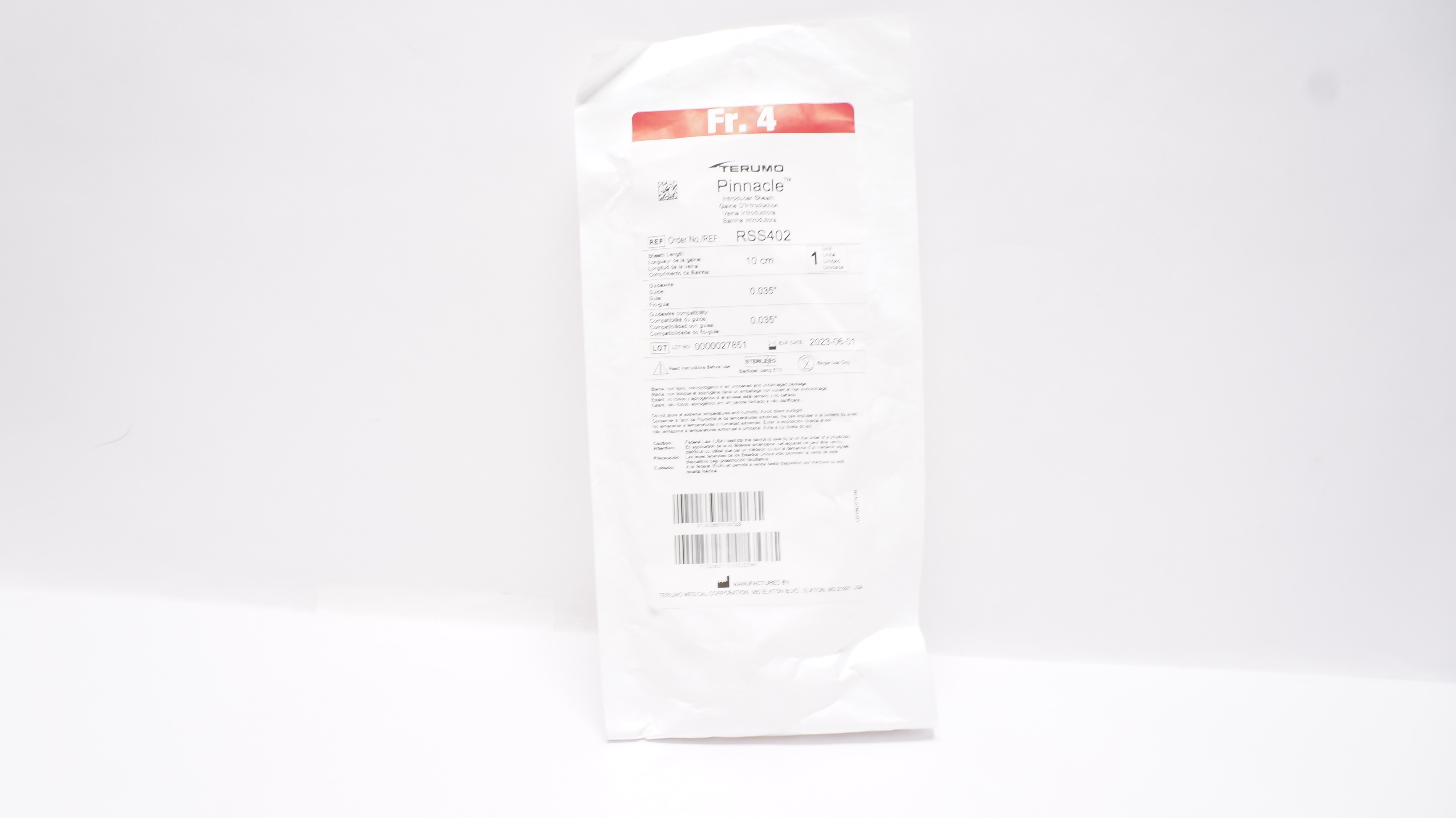 Terumo RSS402 Pinnacle Introducer Sheath 4F x 10cm x 0.035 x 0.035 inch (x)