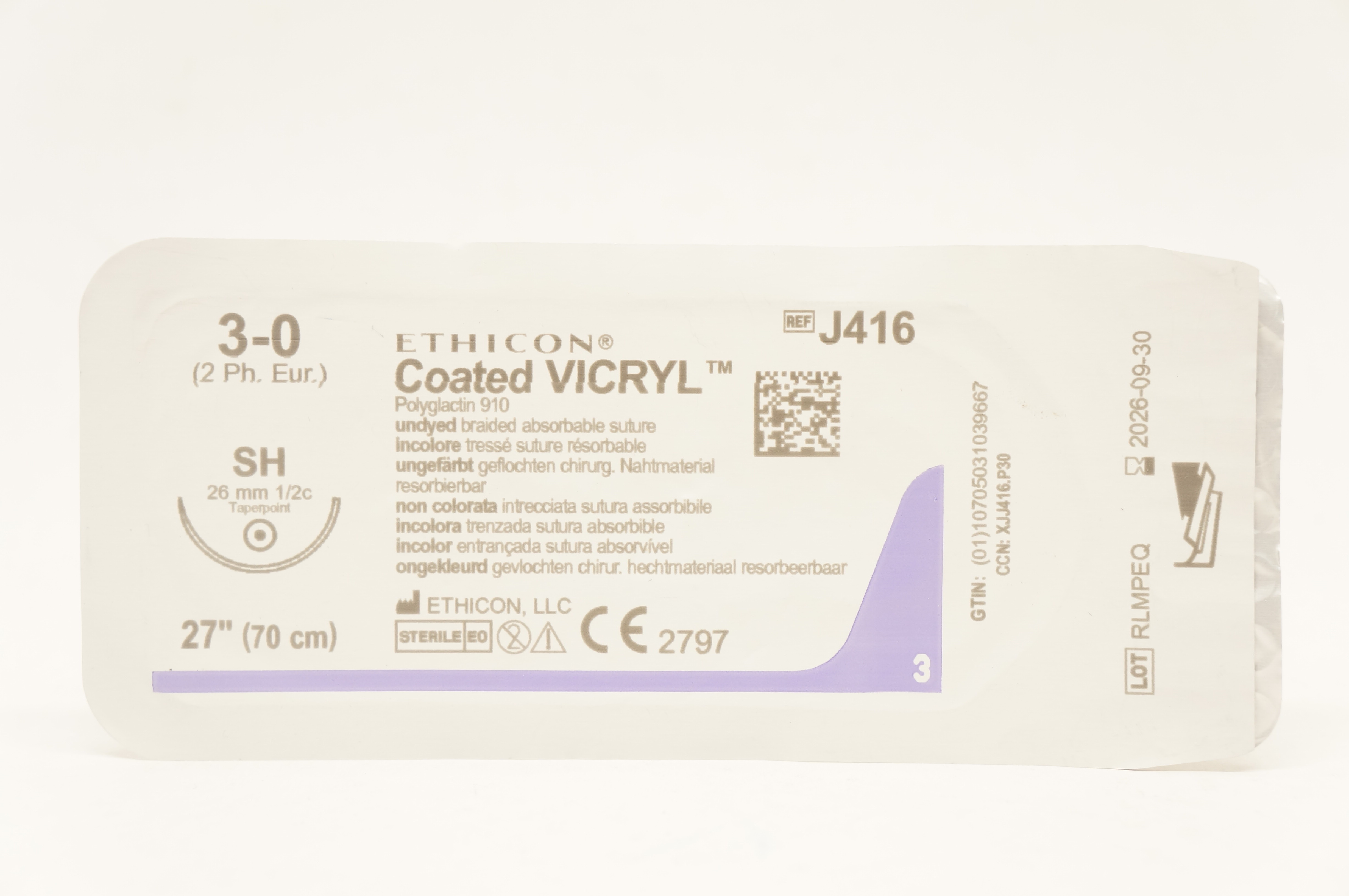 Ethicon J416 3-0 Coated VICRYL, SH 26mm 1/2c Taper, 27inch