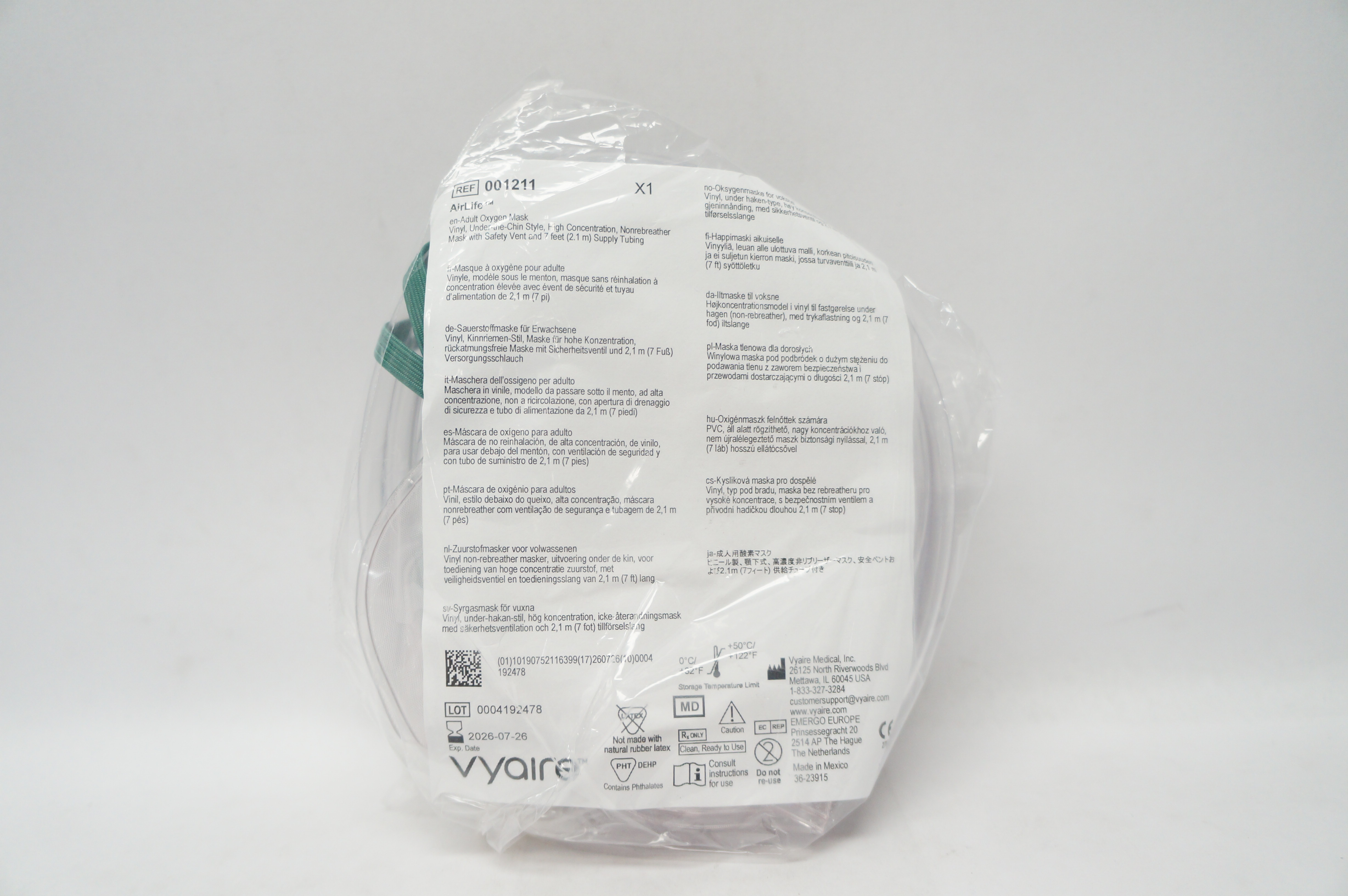 Vyaire Medical 001211 Adult Oxygen Mask Vinyl Under-the-Chin Style