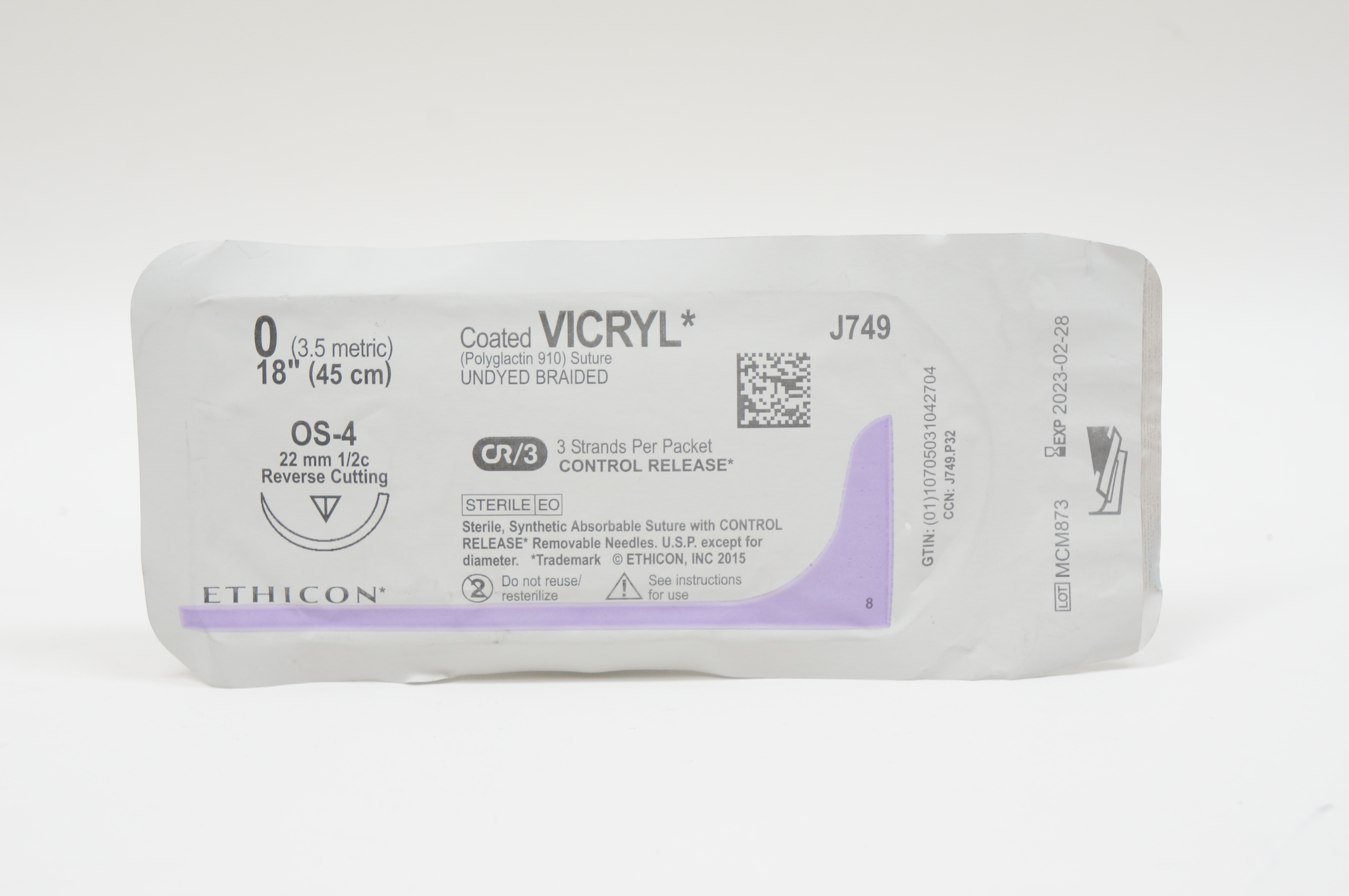 Ethicon J749 0 VICRYL, OS-4, 22mm 1/2c Reverse Cutting, 18inch