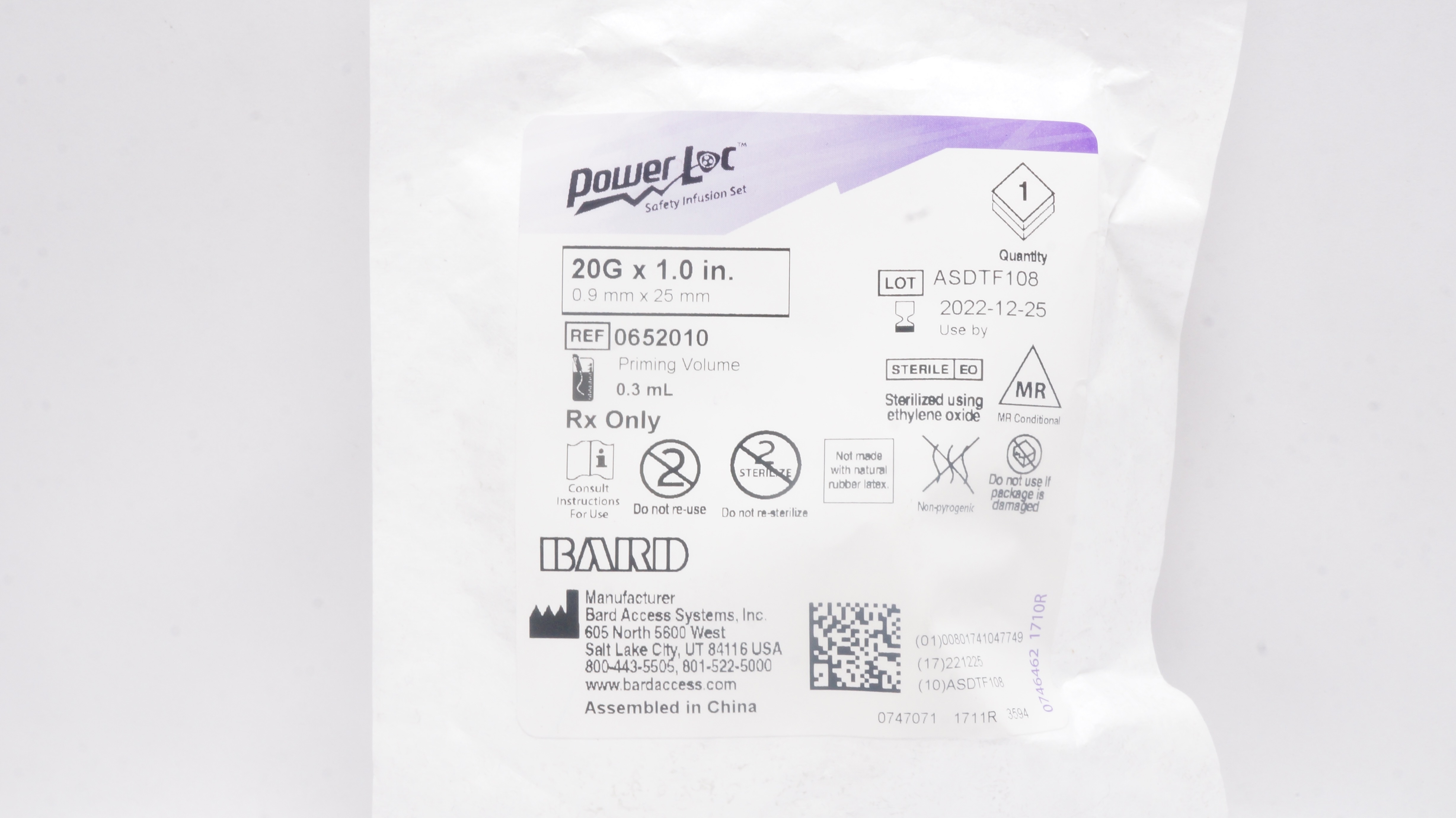 Bard 0652010 Power Loc Safety Infusion Set 20G x 1.0inch, Prim.Vol. 0.3mL (x)