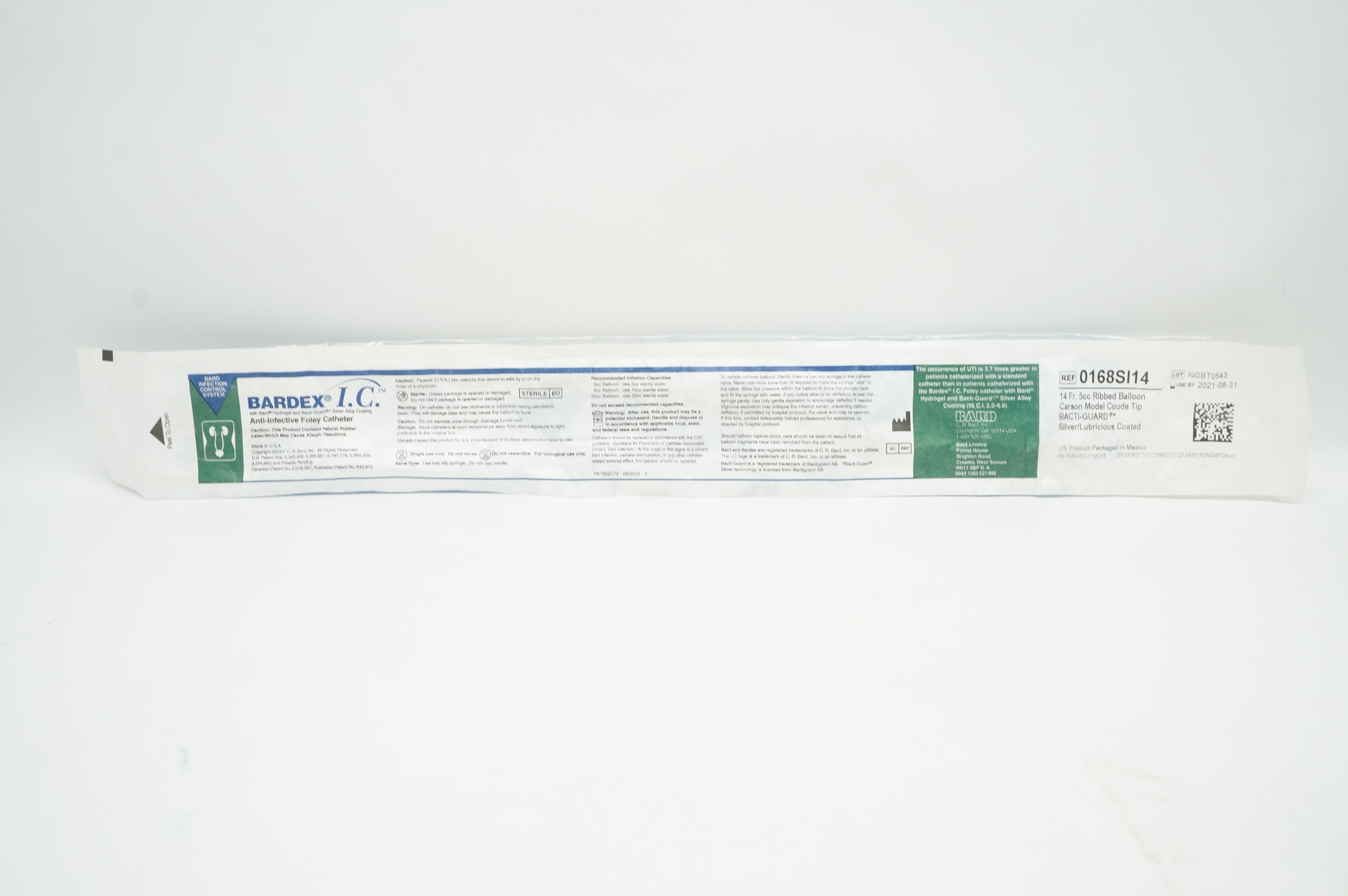 Bard 0168SI14 Bardex I.C. Anti-Infective Foley Cath.14 Fr 5cc Ribbed Balloon (x)