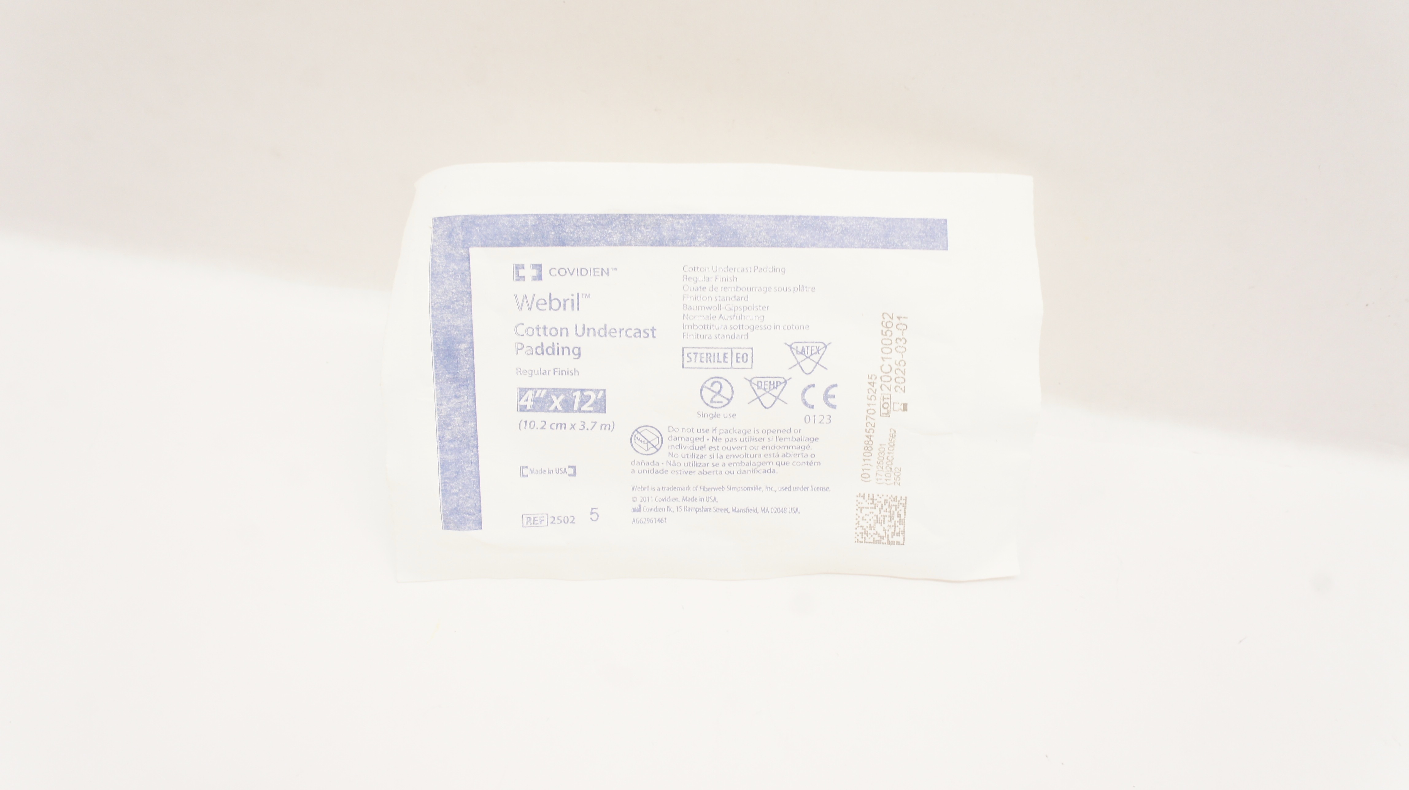 Covidien 2502 Webril Cotton Undercast Padding Regular Finish 4inch x 12 Ft.