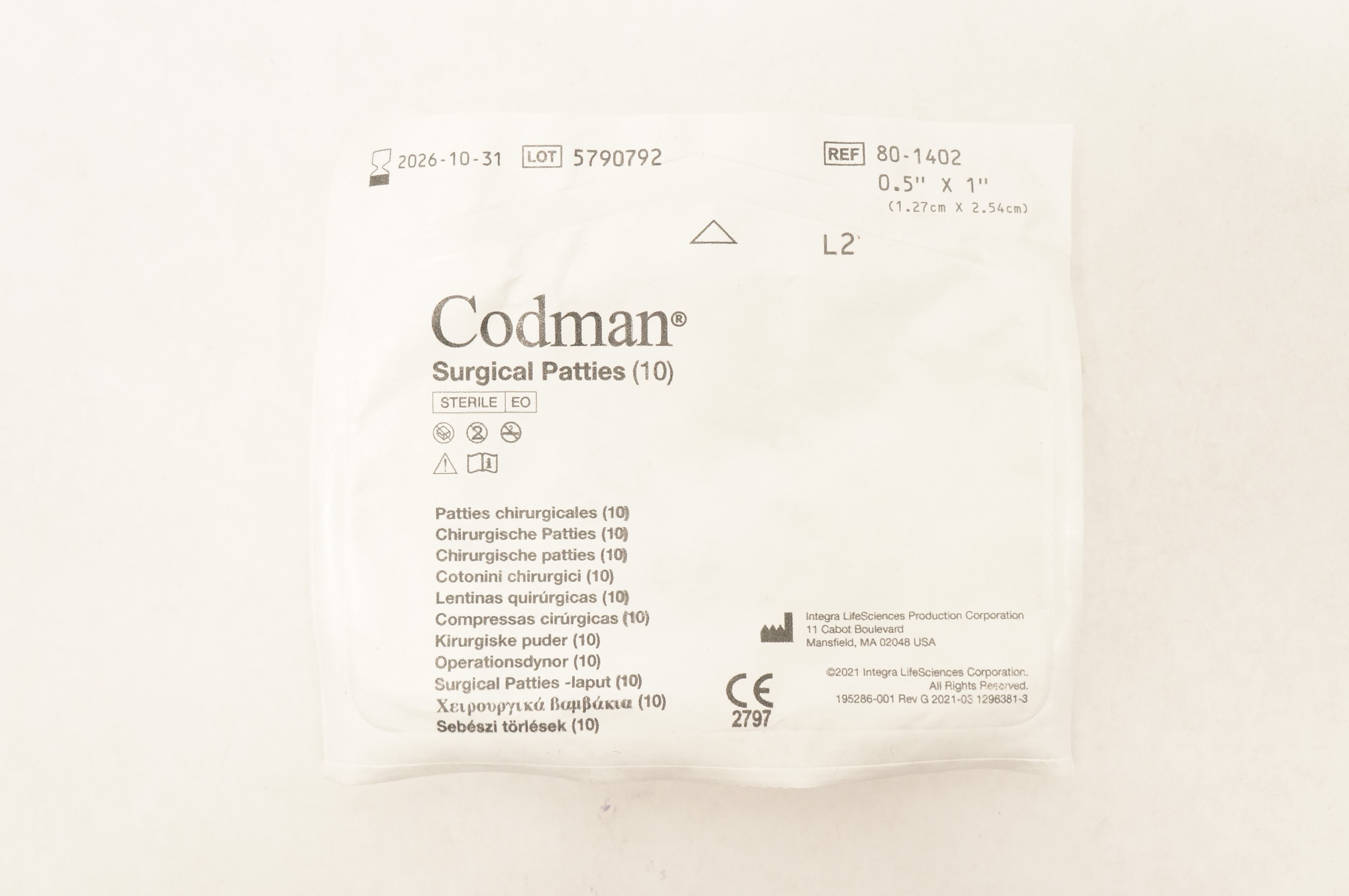 Codman 80-1402 Surgical Patties 1/2inch x 1inch - Pack of 10