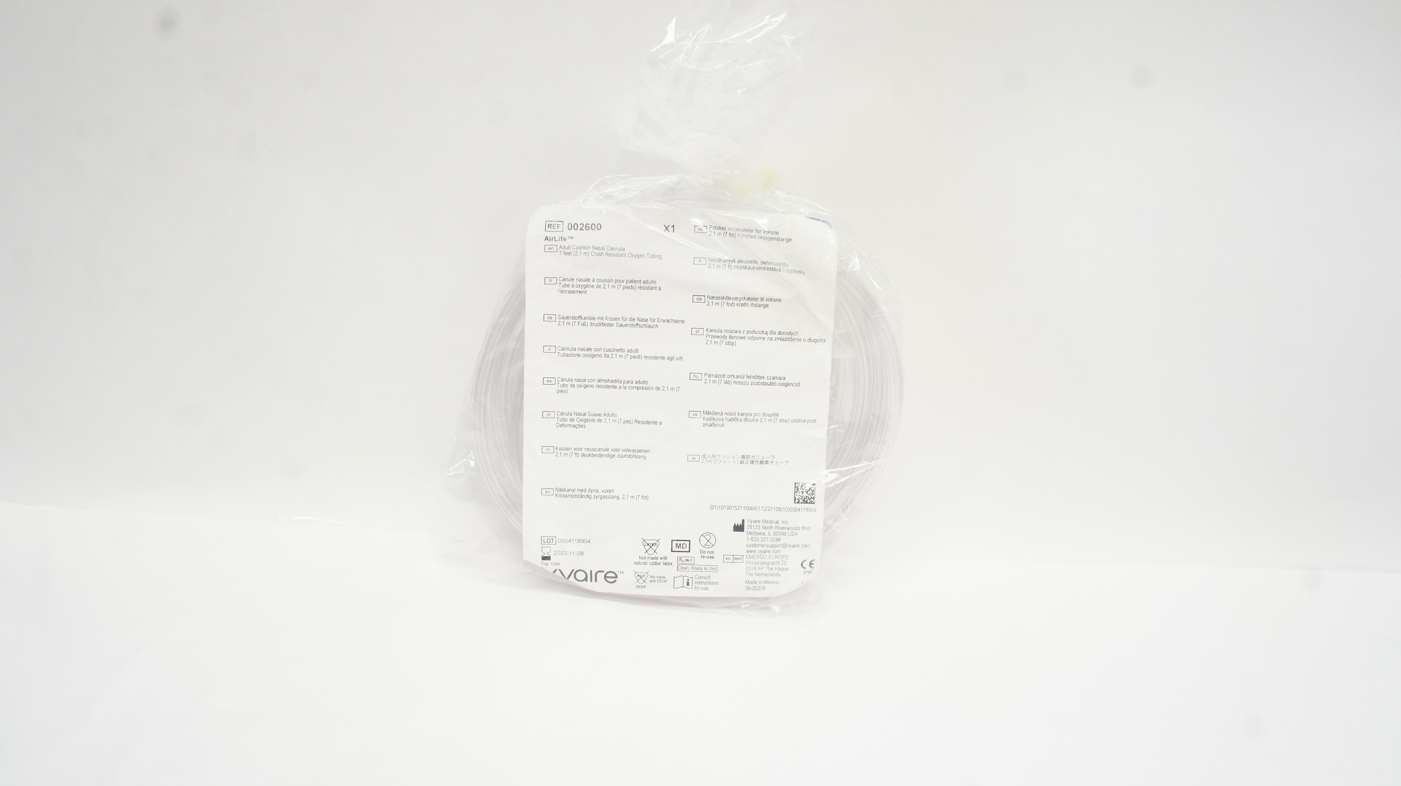 Vyaire 002600 AirLife Adult Cushion Nasal Cannula 7ft.Resistant Oxygen Tubing(x)