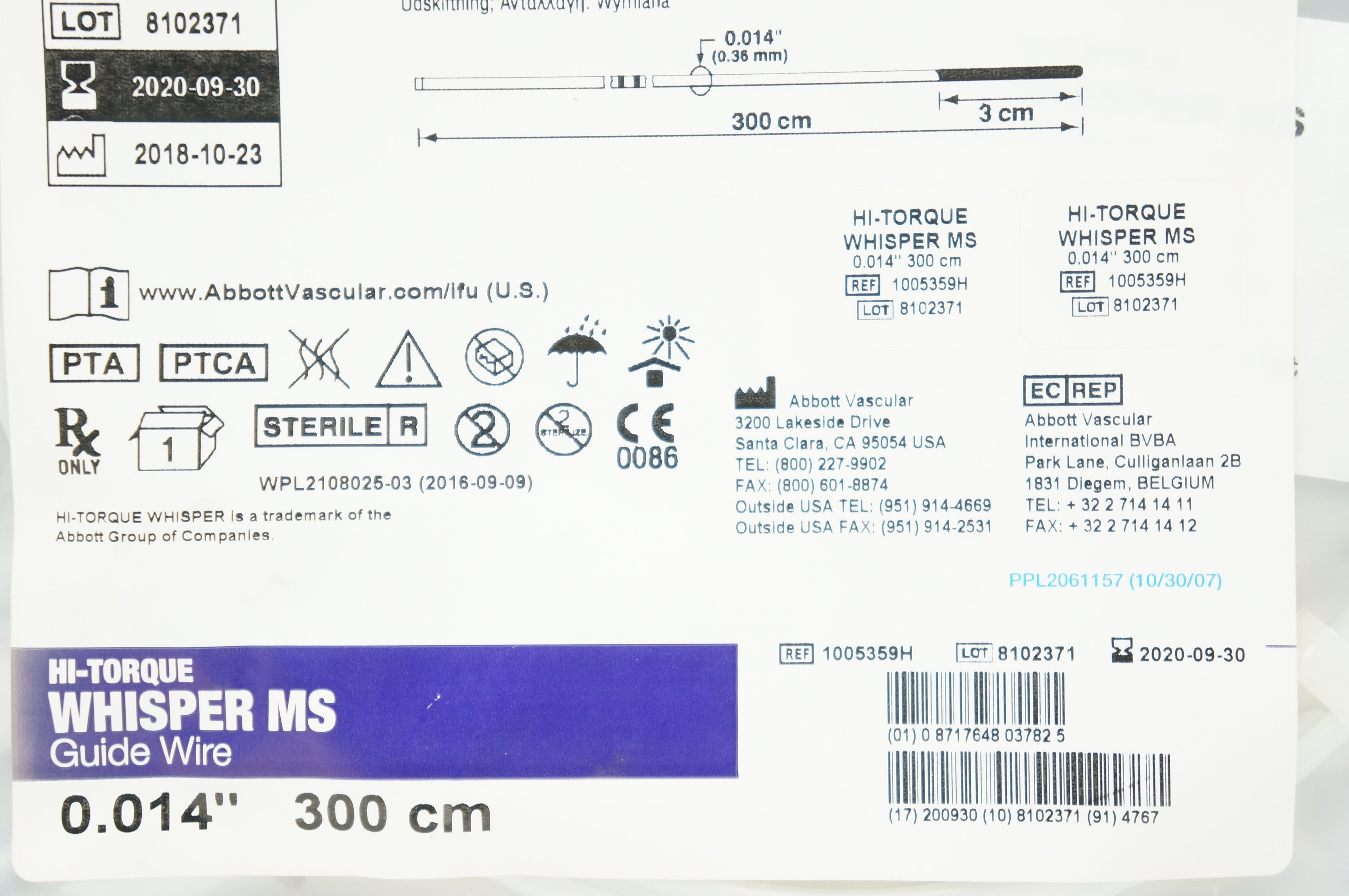 Abbott 1005359H Hi-Torque Whisper MS Guide Wire 0.014 in. x 300 cm (x)