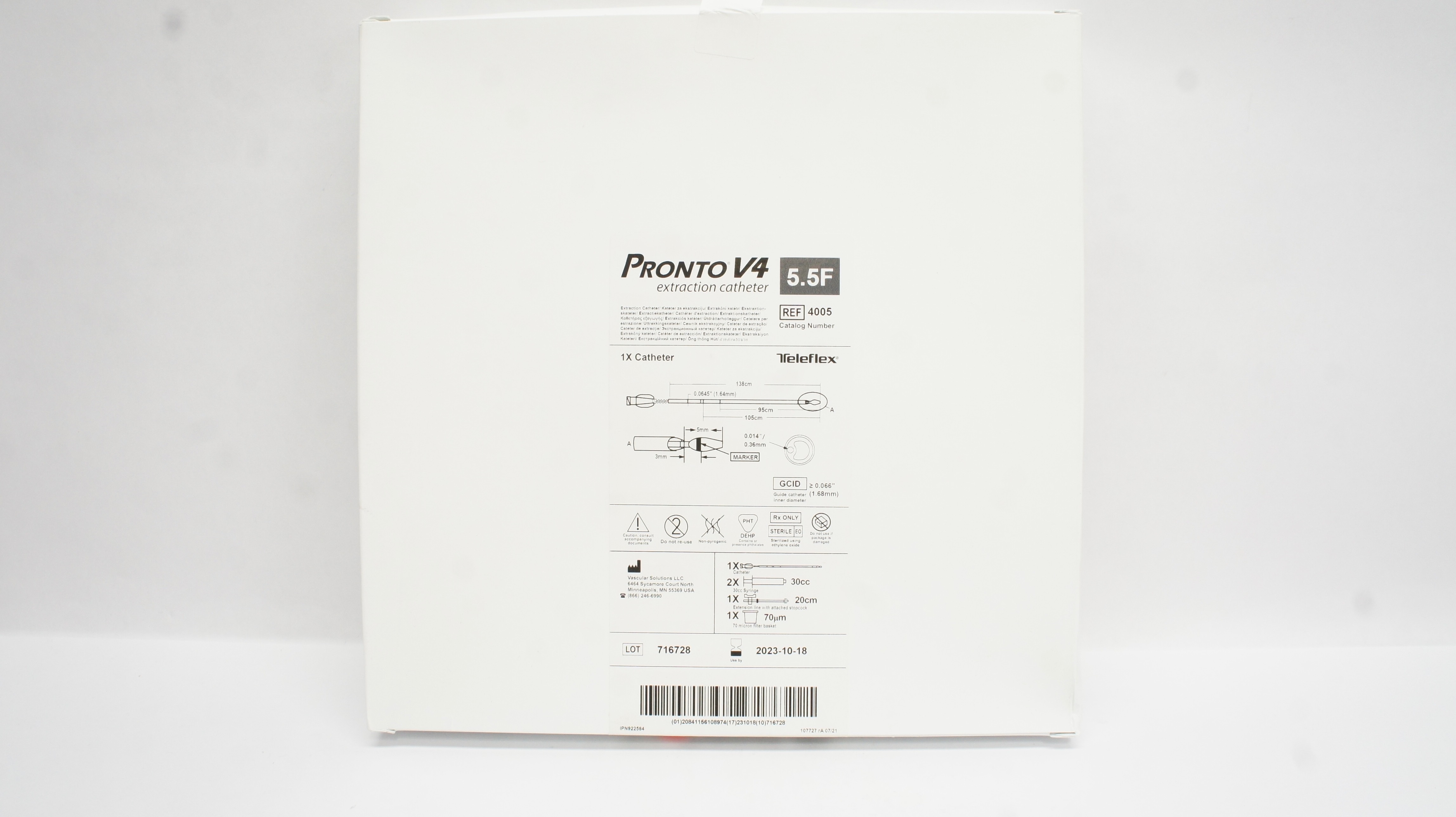 Teleflex 4005 Pronto V4 Extraction Cath. 5.5F x 138cm, GCID≥ 0.066inch (x)
