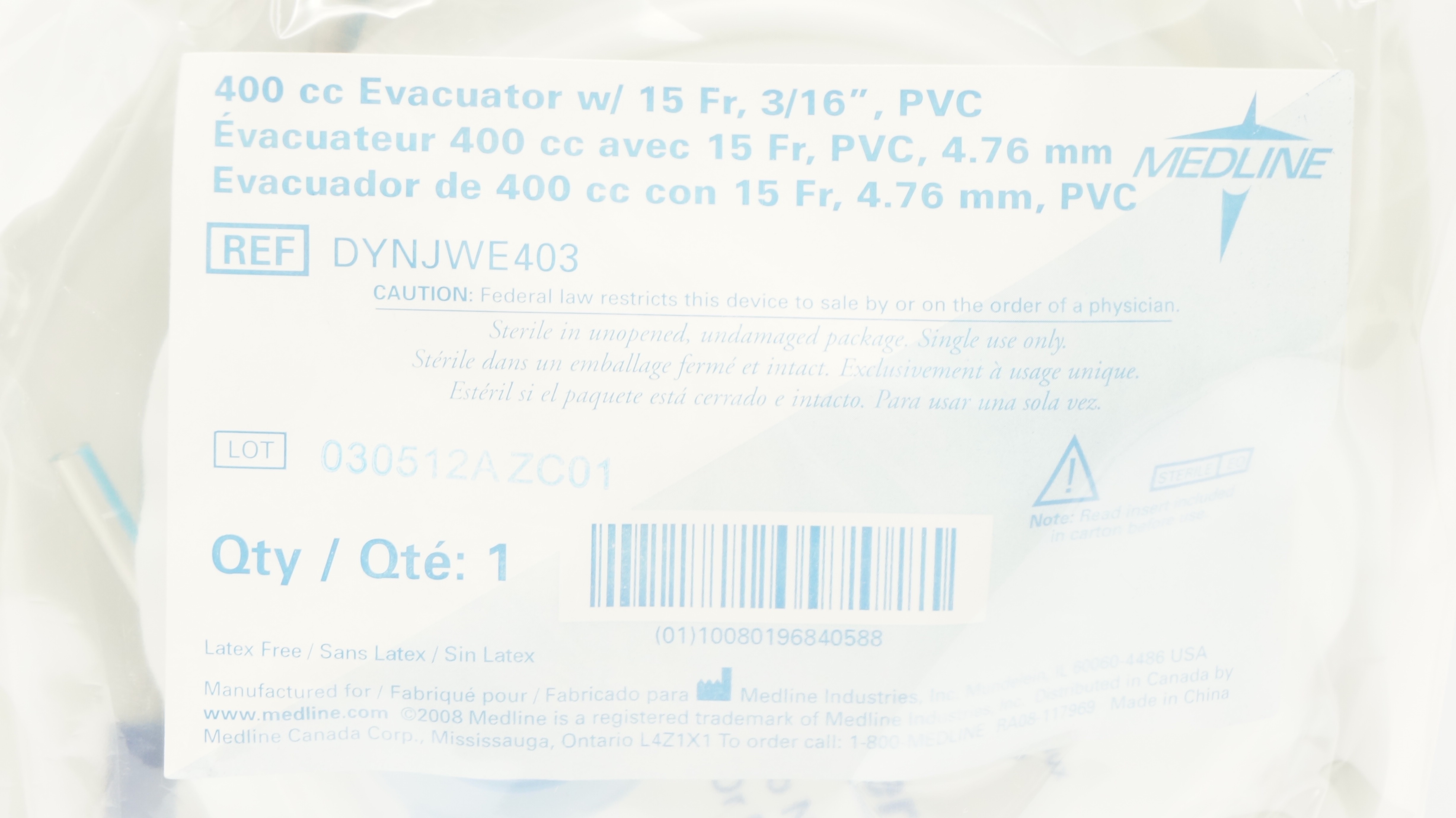 Medline DYNJWE403 400cc Evacuator w/15Fr 3/16inch PVC