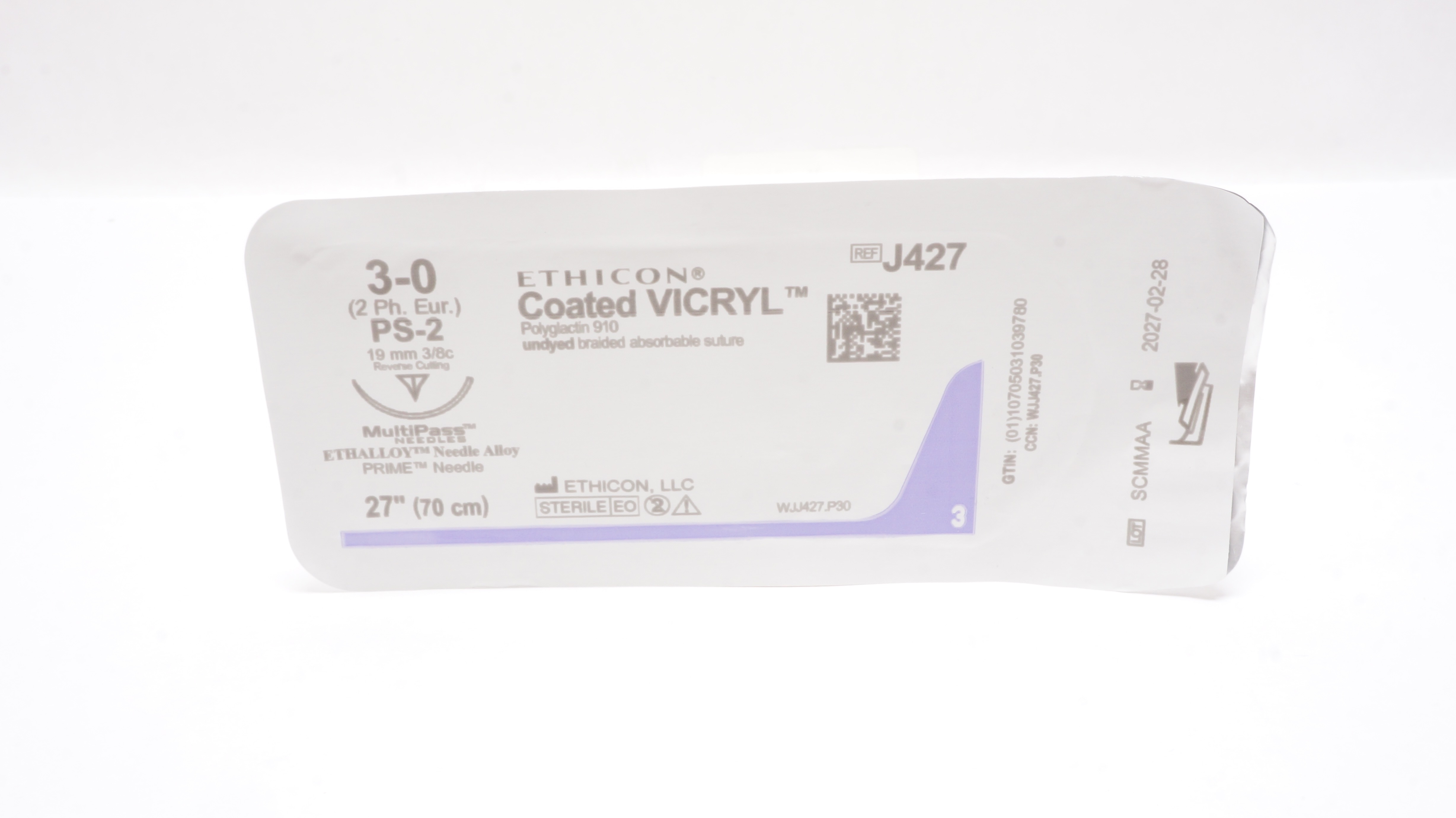 Ethicon J427 3-0 Coated VICRYL Stre PS-2 19mm 3/8c Reverse Cutting, 27inch