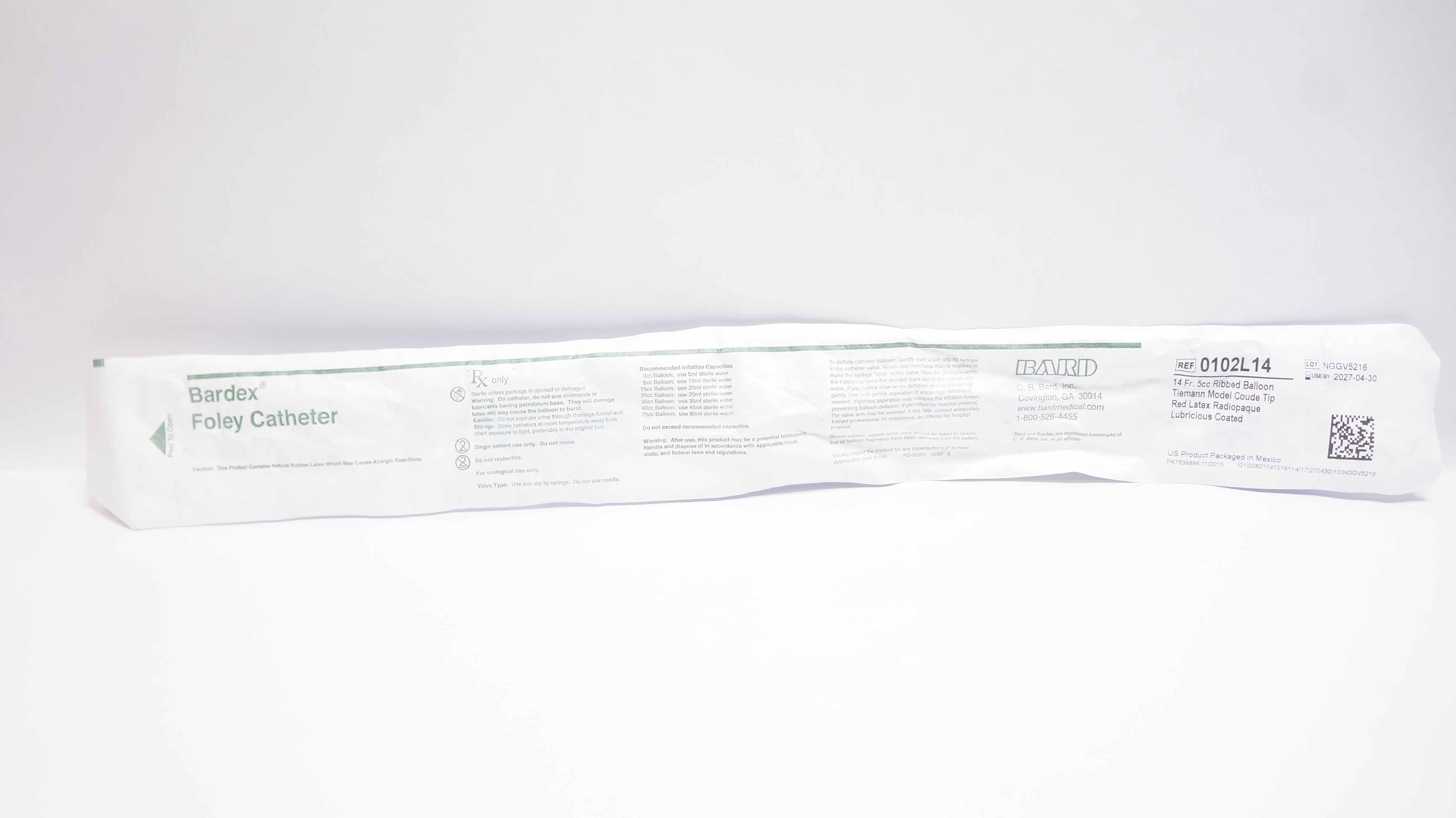 Bard 0102L14 Bardex Foley Cath. 14Fr. 5cc Ribbed Balloon Tiemann Model Coude Tip