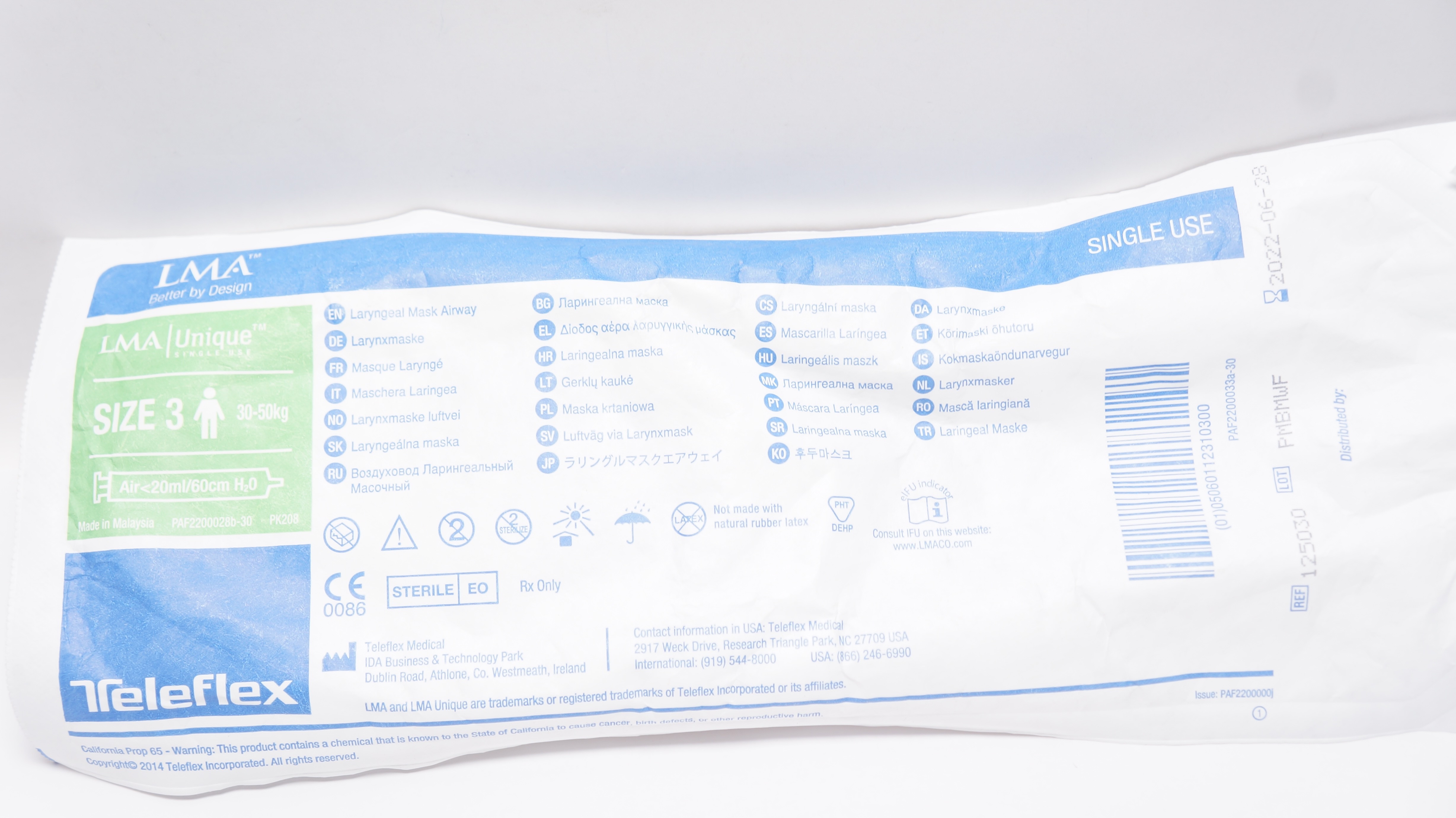 Teleflex 125040 LMA Laryngeal Mask Airway, Size 4 50-70kg Air<30cm/60ml H2O (x)
