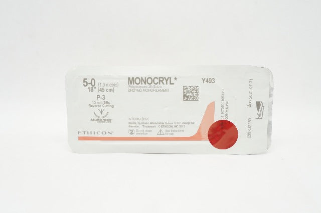 Ethicon Y493 5-0 MONOCRYL Stre Undyed P-3 13mm 3/8c Reverse Cutting, 18inch (x)