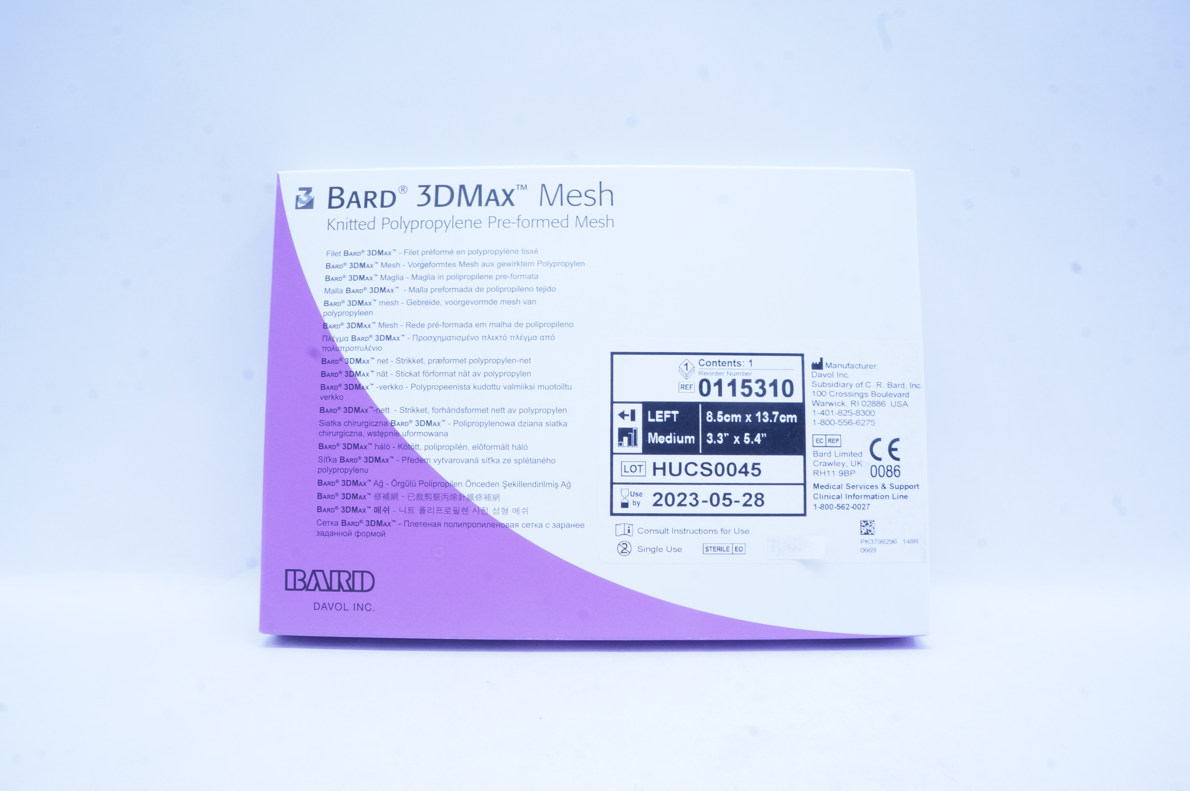 Bard 0115310 3DMax Knitted Polypropylene Pre-formed Mesh, Left,M, 3.3 x 5.4inch