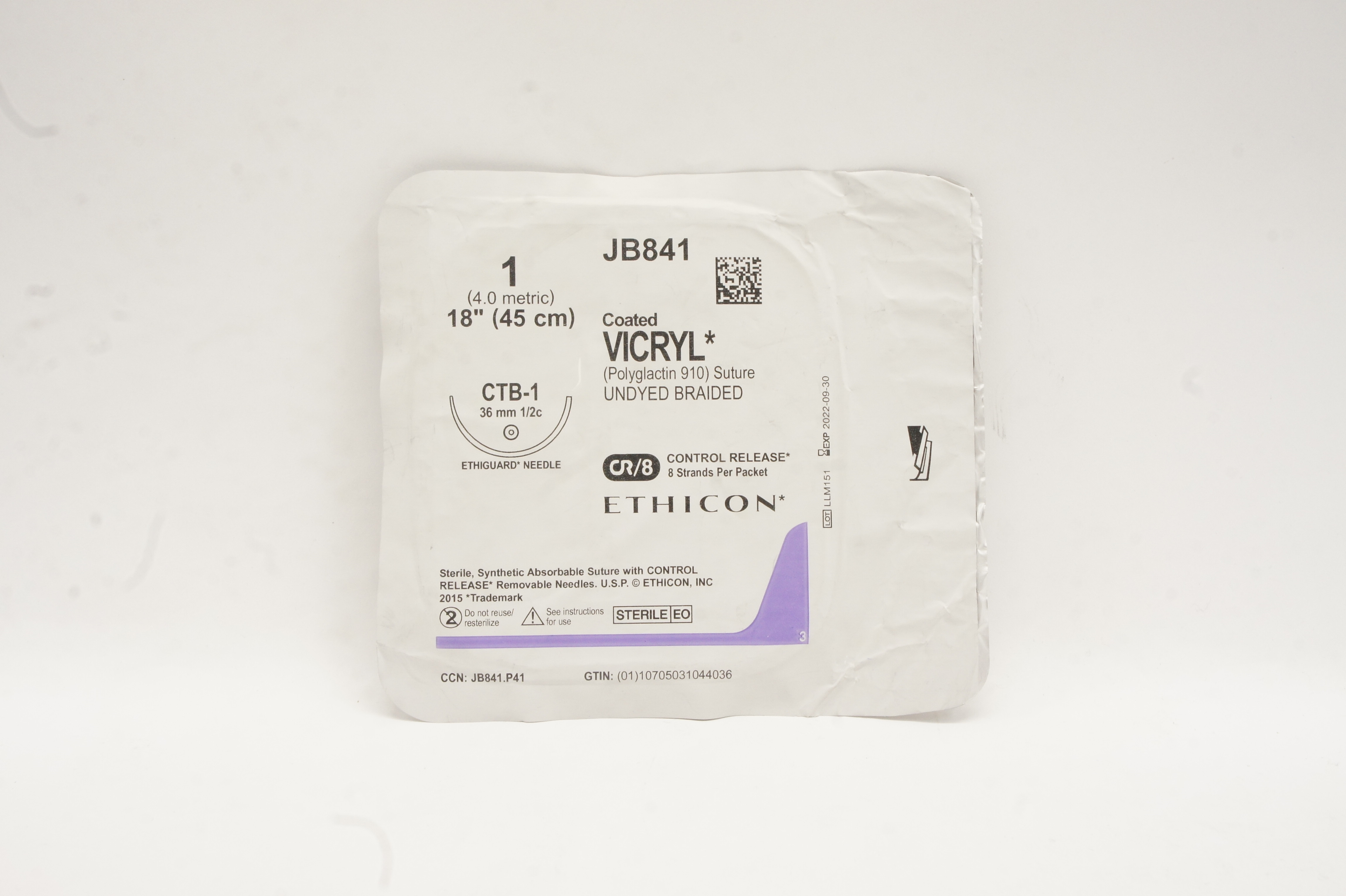 Ethicon JB841 1 VICRYL CTB-1, 36mm 1/2c Ethiguard Ndle, 18inch