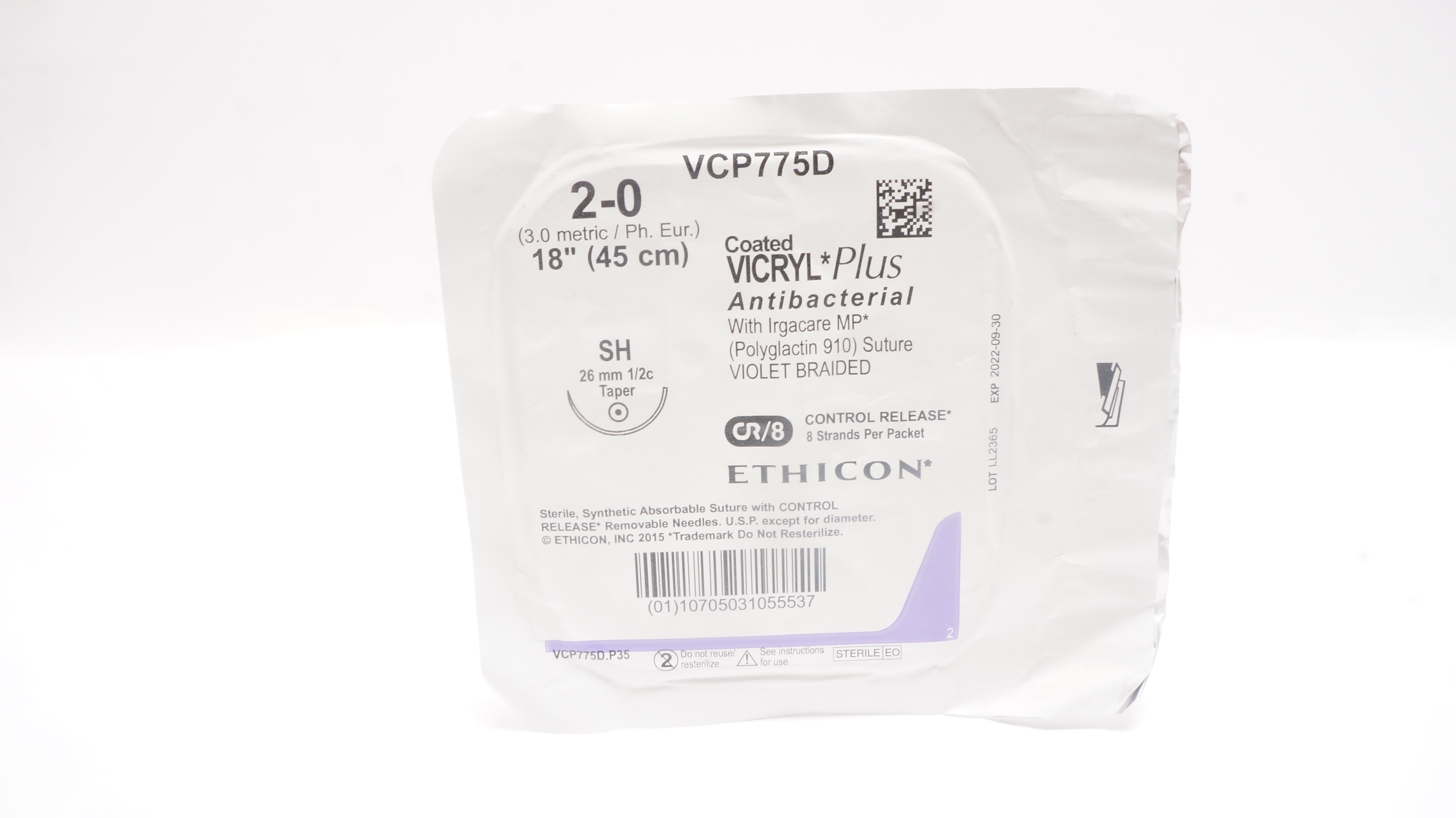 Ethicon VCP775D 2-0 Coated Vicryl Plus, SH, 26mm 1/2c Taper, 18 inch (x)