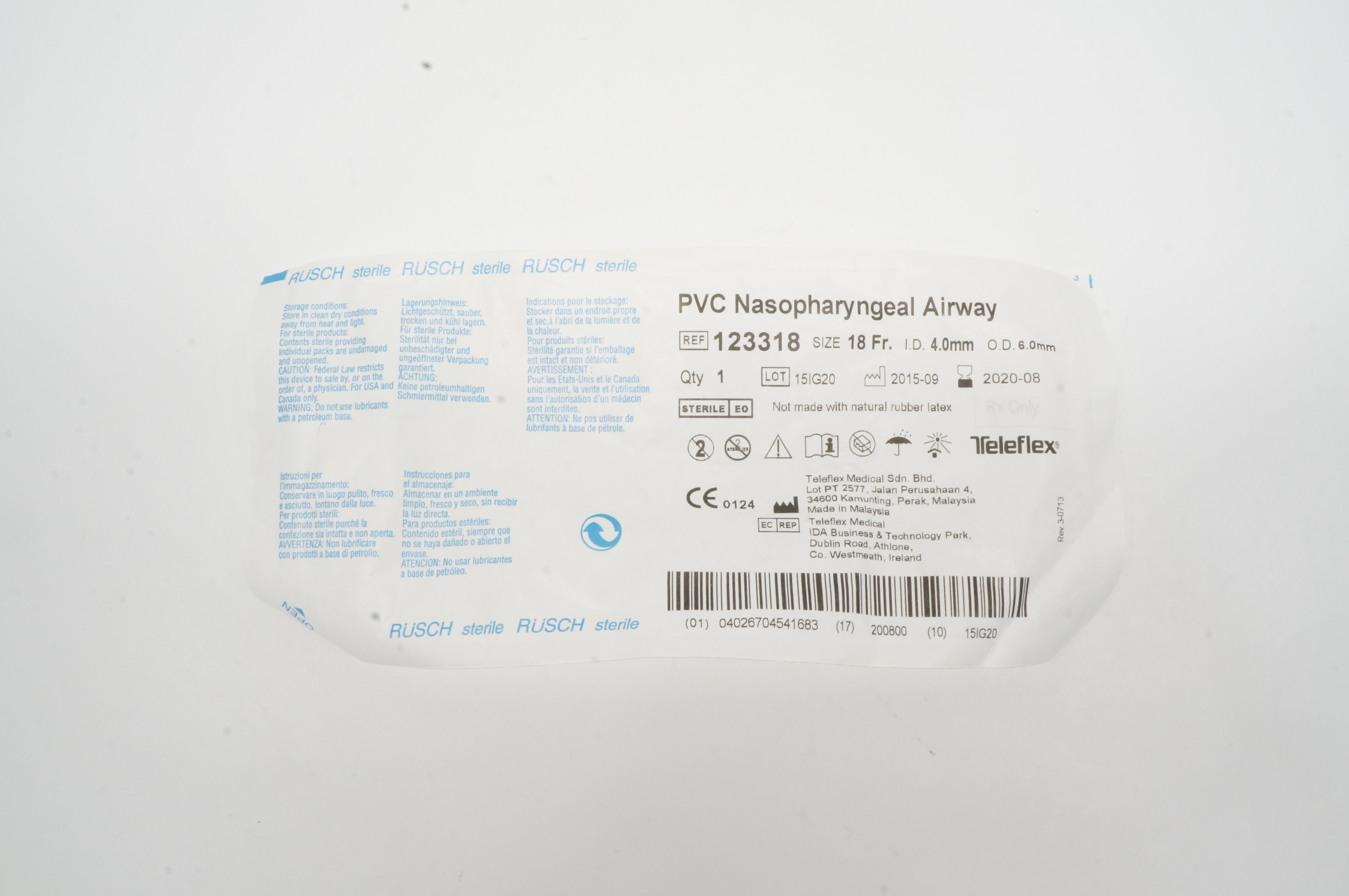 Teleflex 123318 Rusch PVC Nasopharyngeal Airway 18Fr x ID 4.0mm x OD 6.0mm (x)