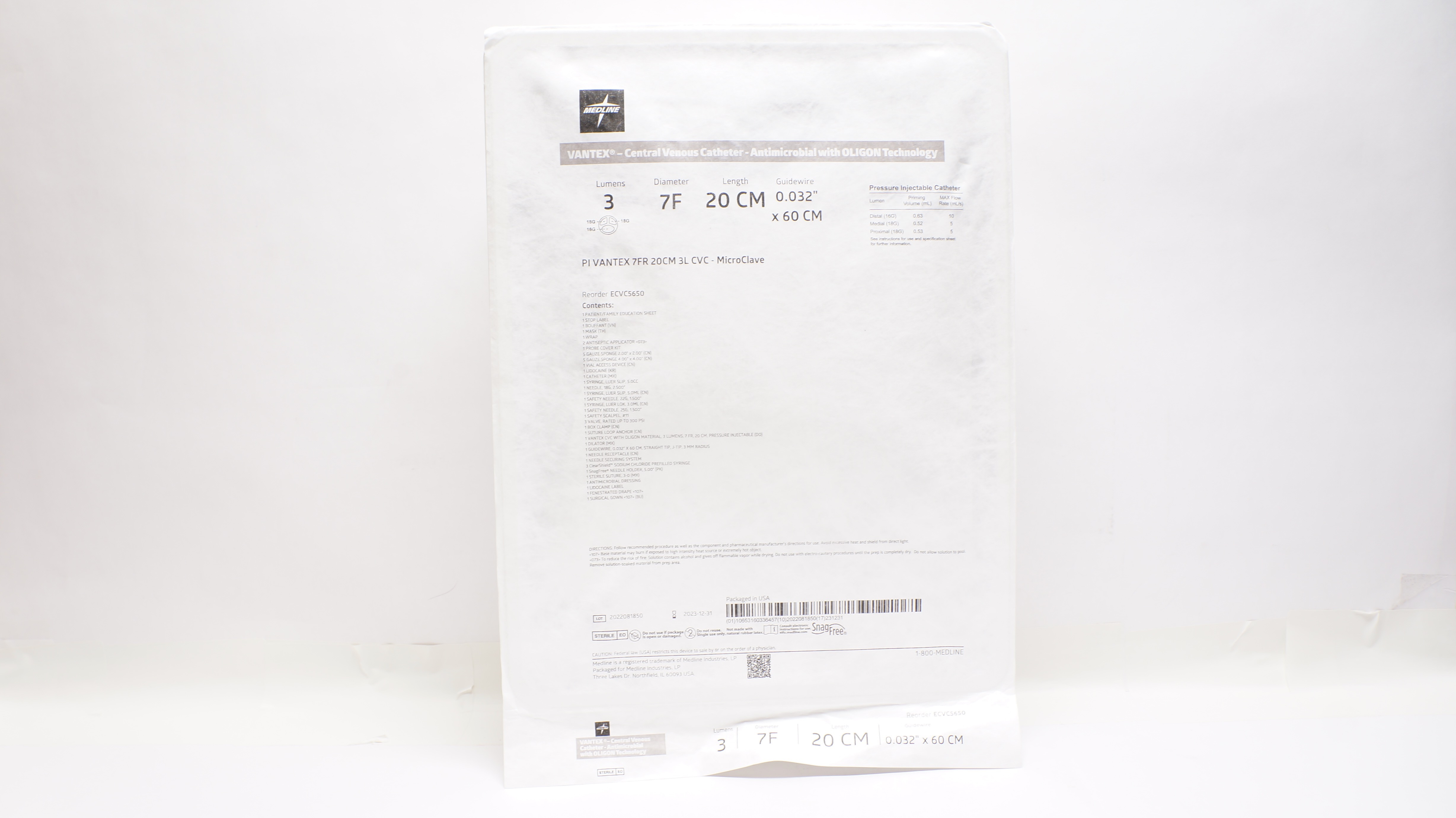 Medline ECVC5650 Vantex Central Venous Cath. 7F x 20cm x 0.032inch x 60cm
