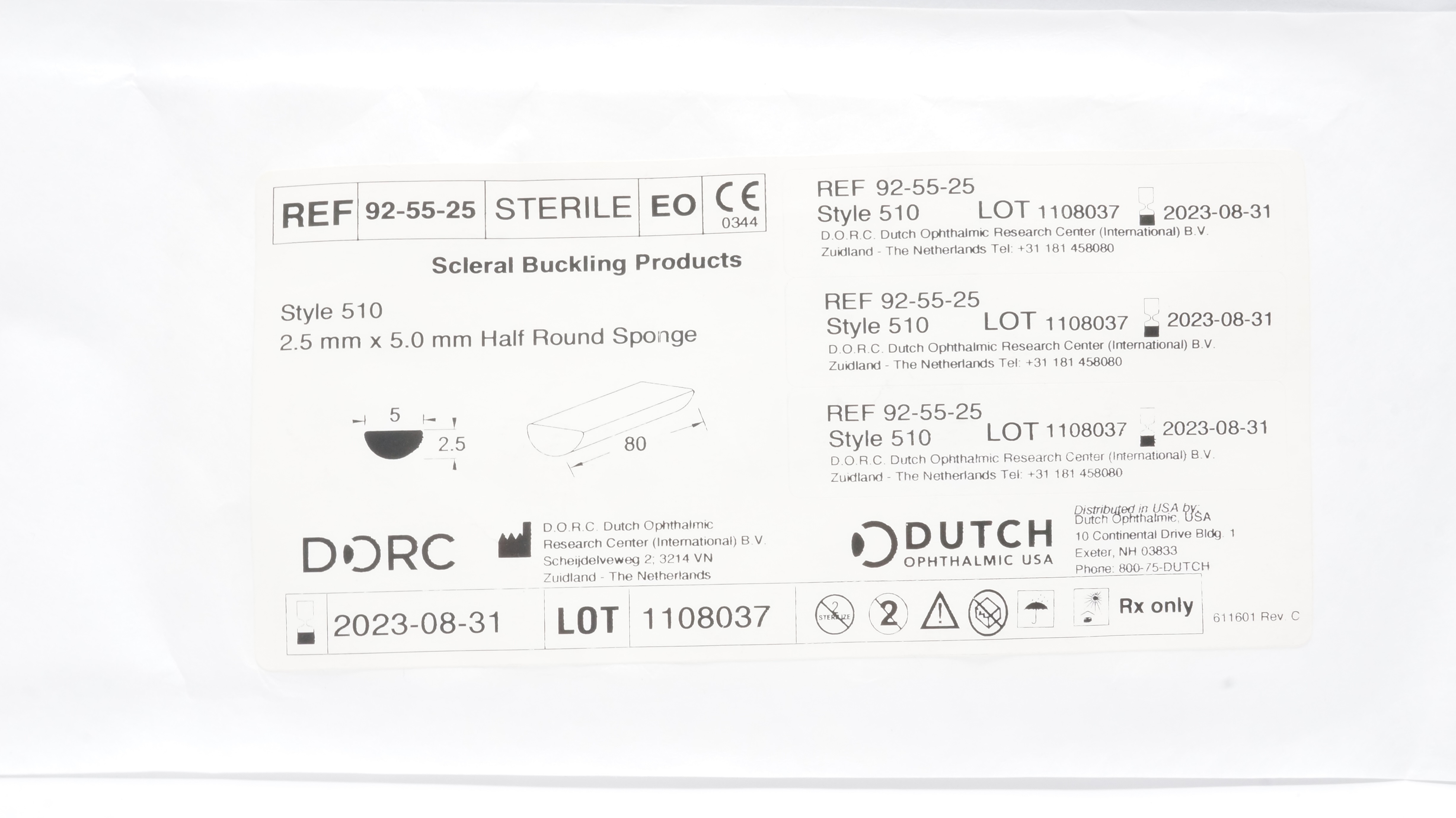 D.O.R.C. 92-55-25 Scleral Buckling Products 2.5mmx 5.0mm Half Round Sponge (x)