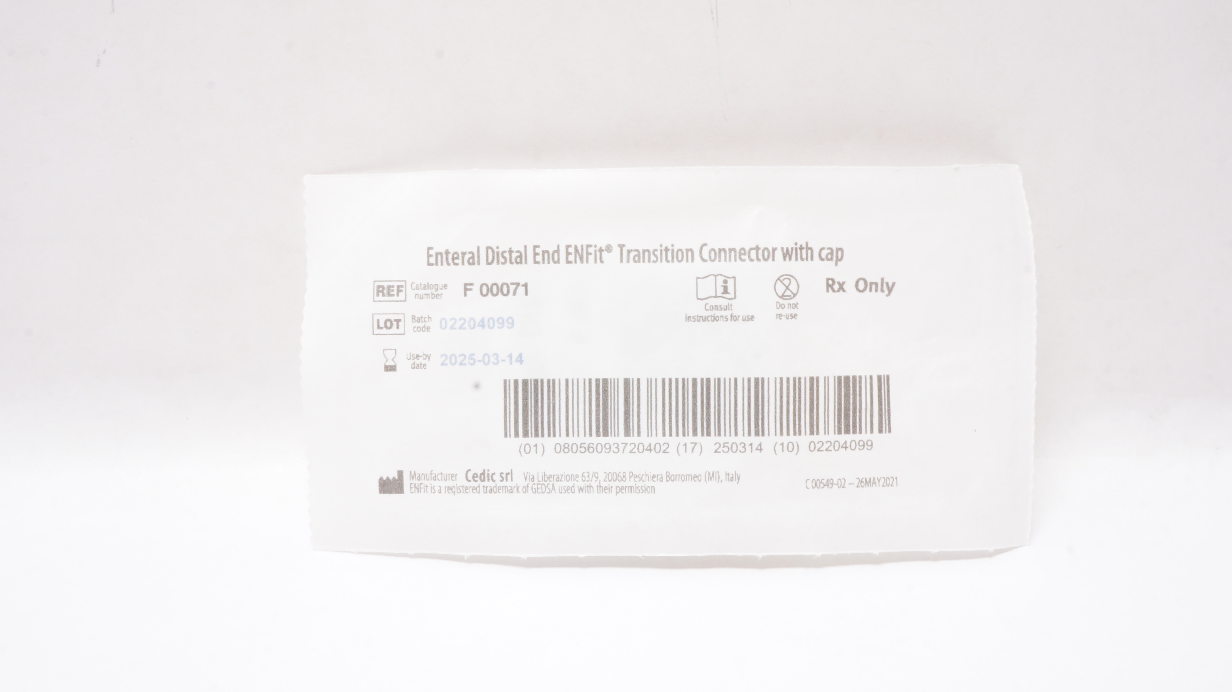 Cedic SRL F00071 Enteral Distal ENFit Transition Connector with Cap