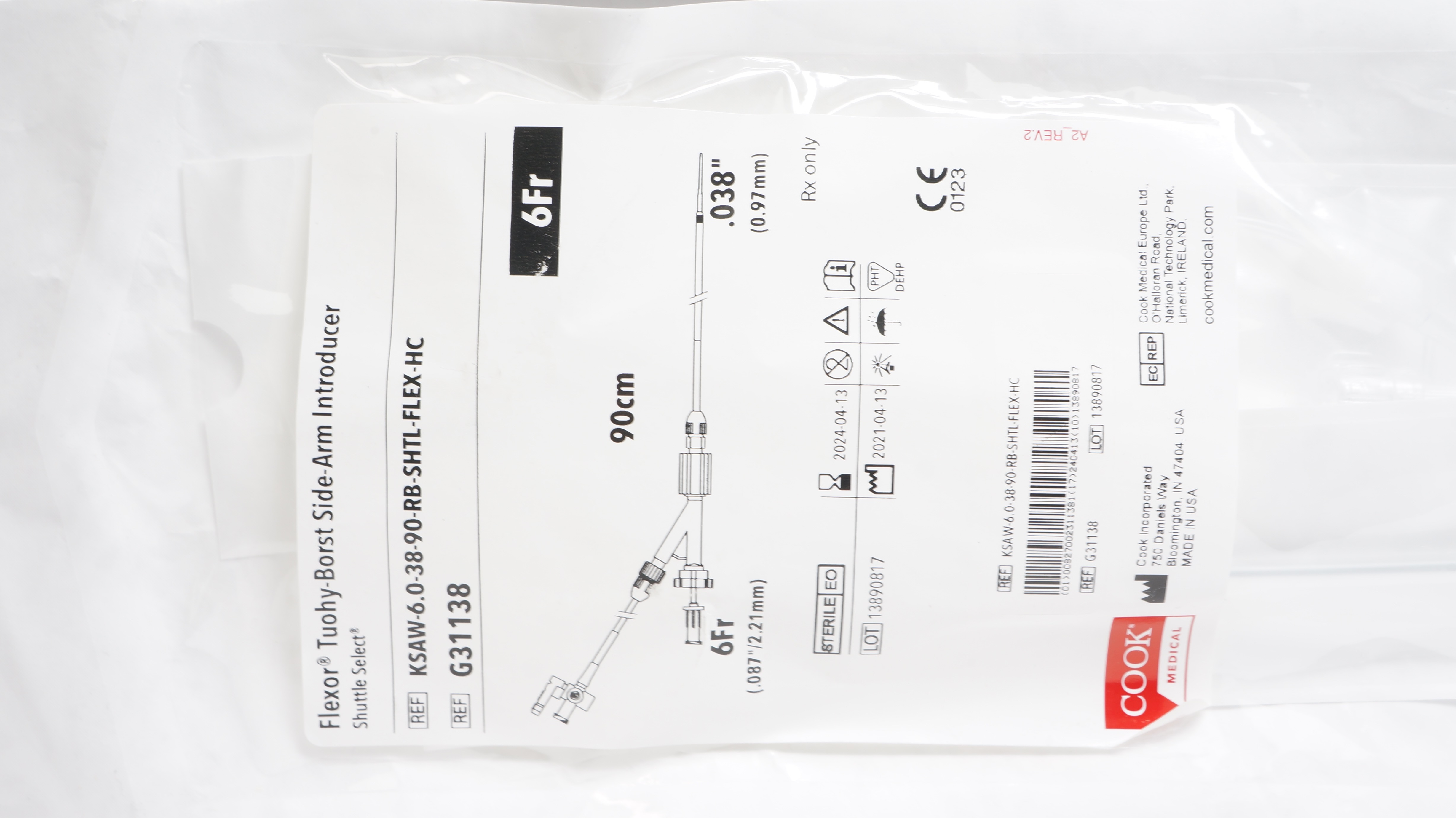 Cook G31138 Flexor, Tuohy-Borst Side-Arm Introducer 6Fr x .038inch x 90cm (x)