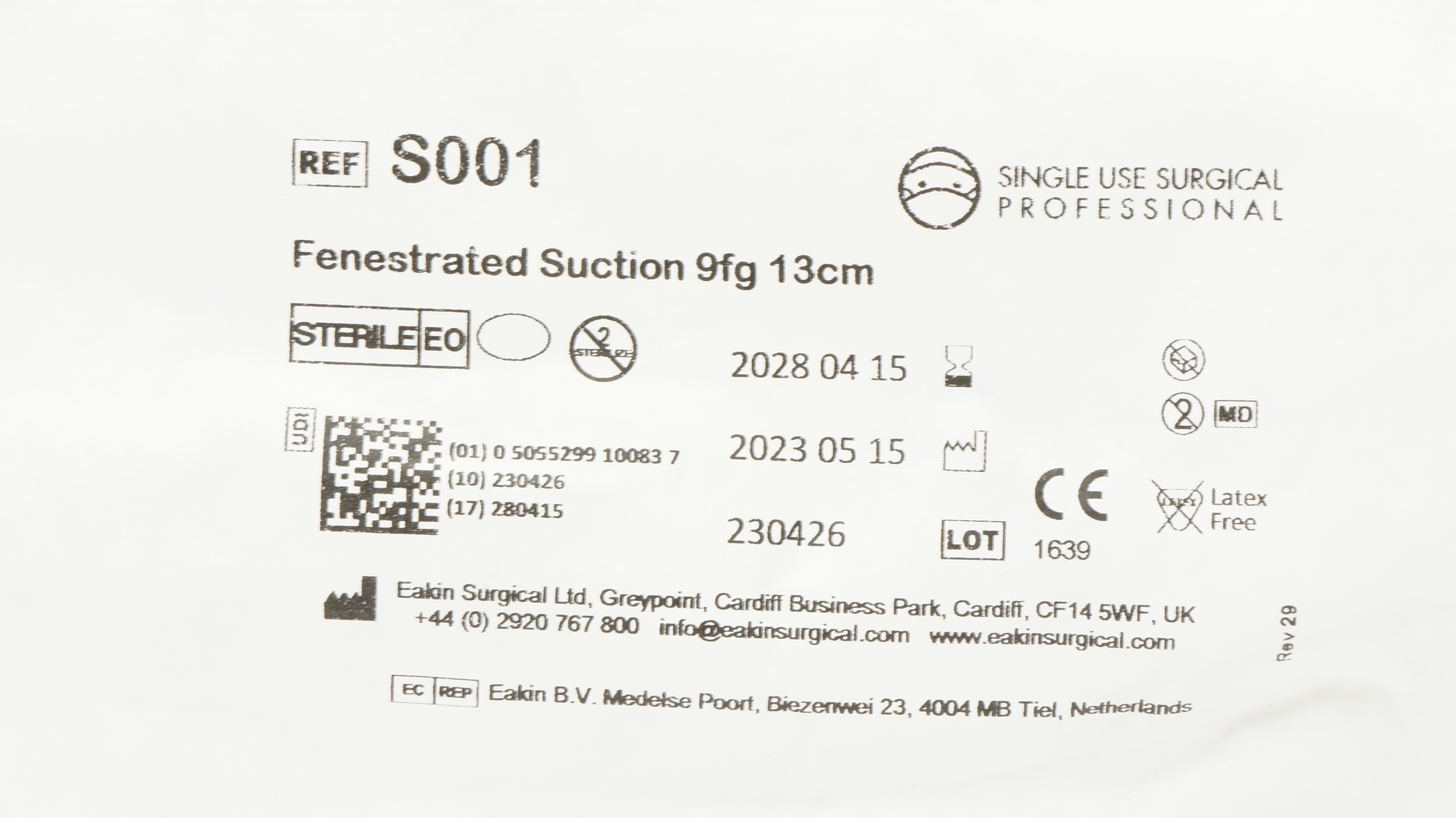 Eakin Surgical S001 Fenestrated Suction 9fg 13cm