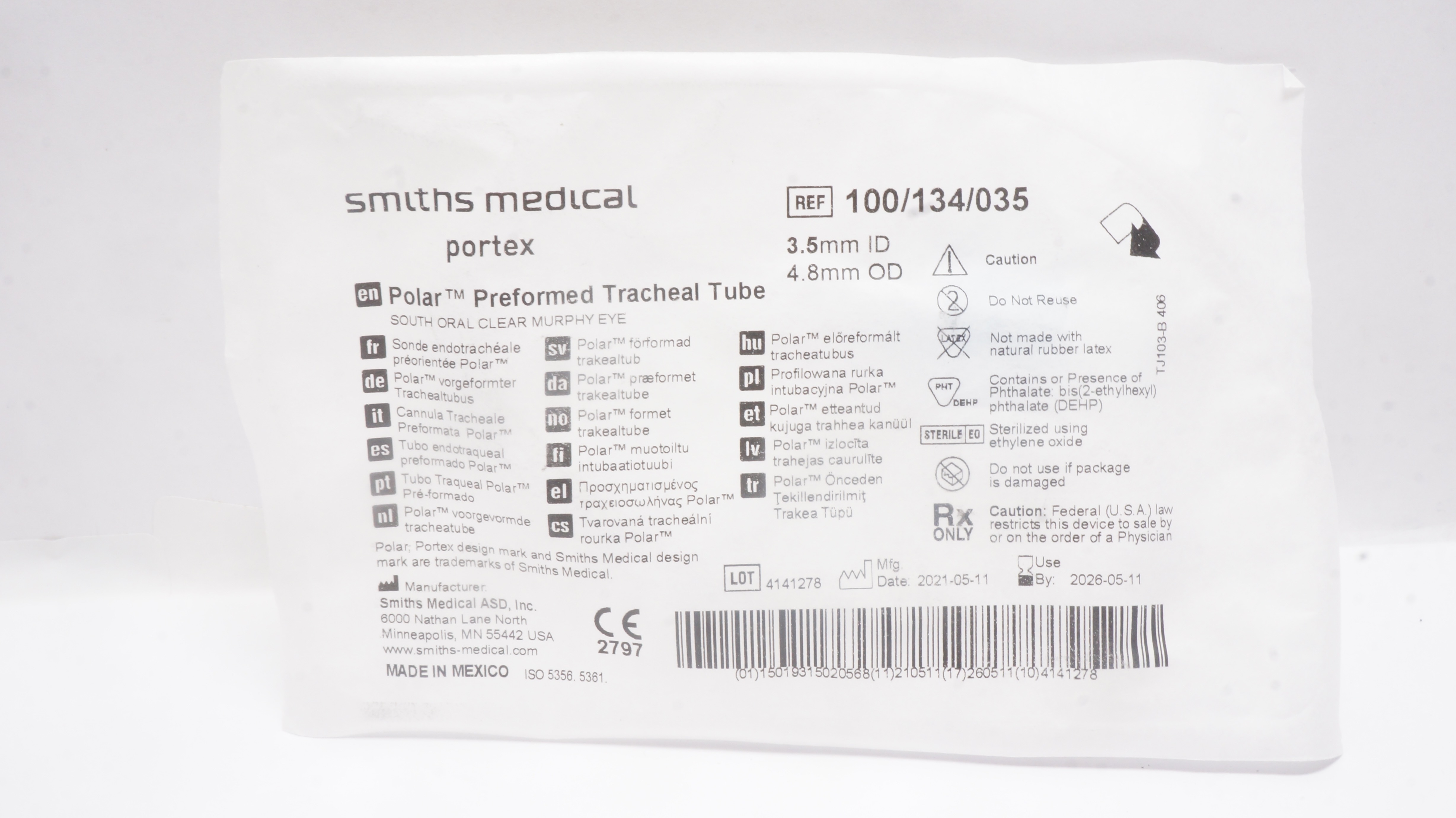 Smiths Medical 100/134/035 Polar Preformed Tracheal Tube 3.5mm x 4.8mm
