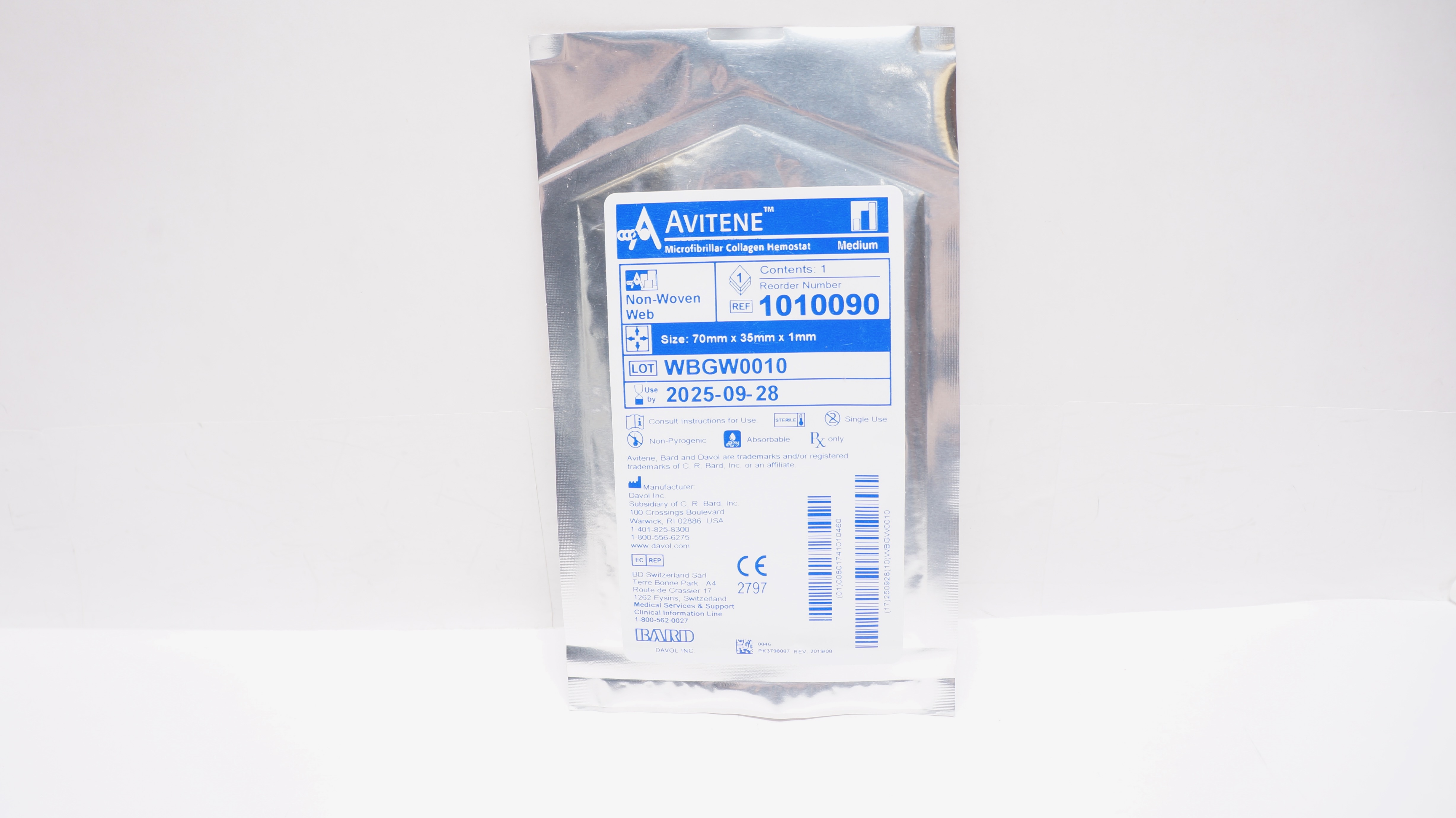 Davol 1010090 Bard Avitene Microfibrillar Collagen Hemostat Medium 70 x 35 x 1mm