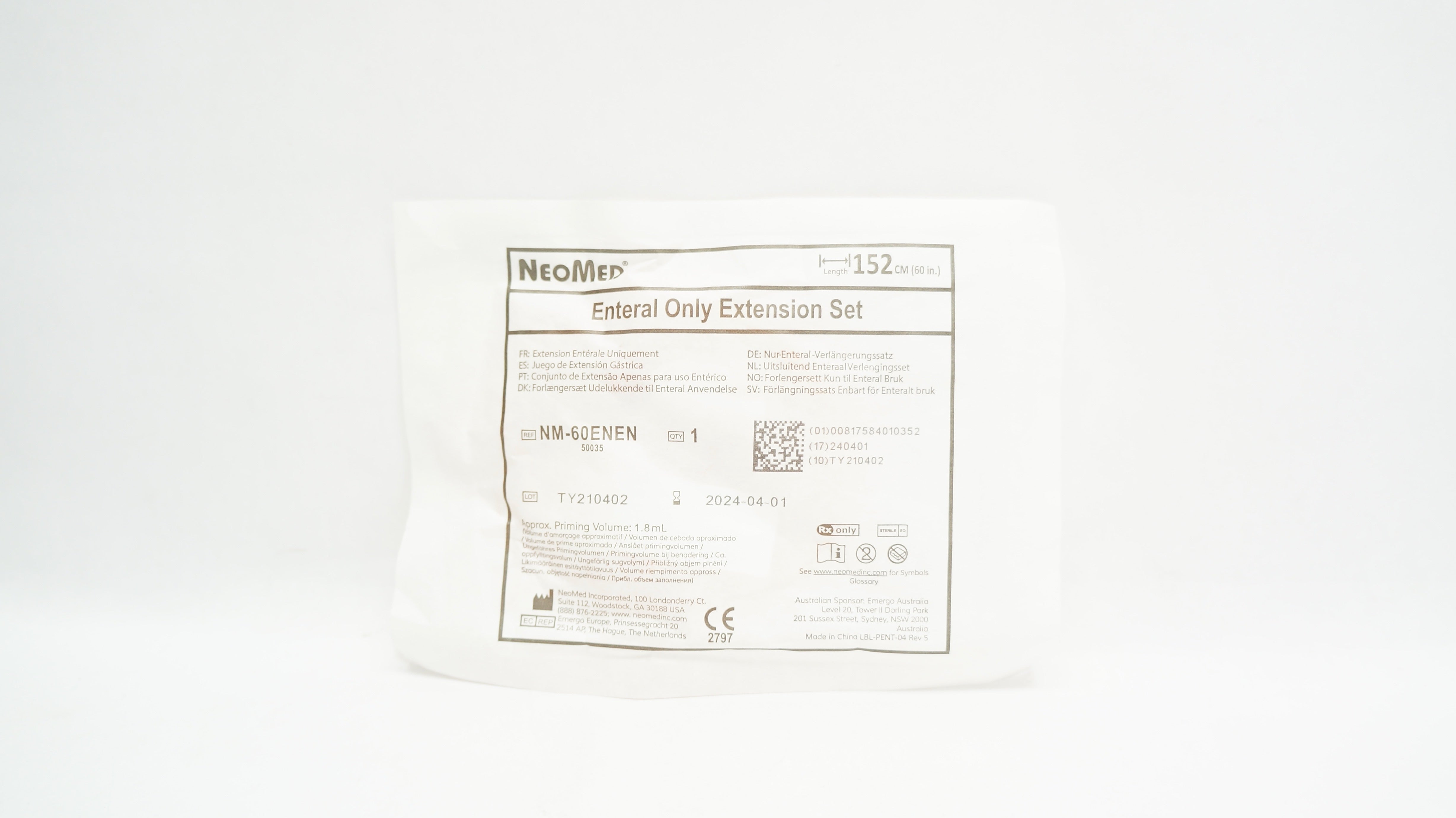 NeoMed NM-60ENEN Enteral Extension Set, Approx. Priming Volume 1.8mL x 60 inch