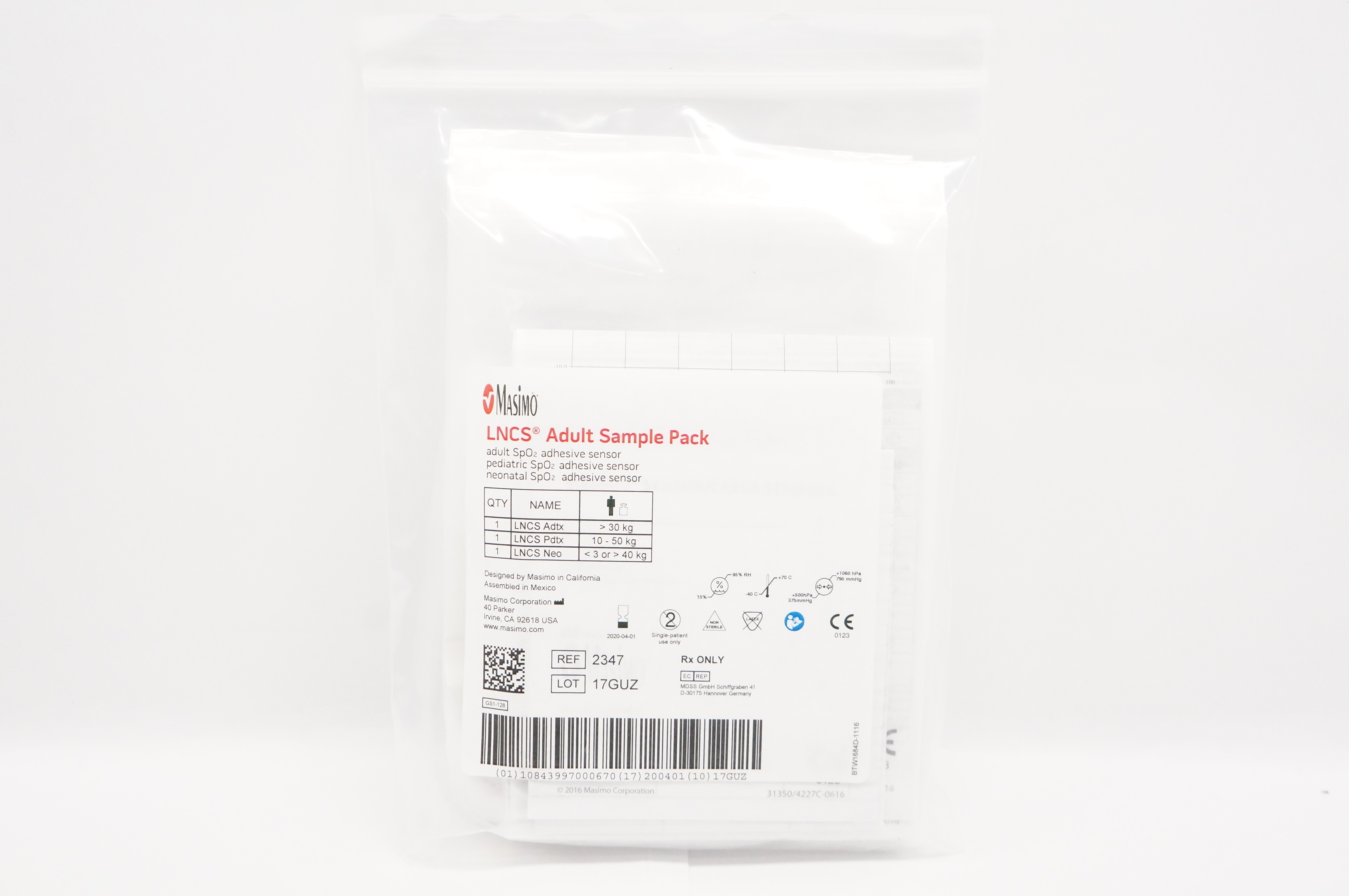 Masimo 1859 LNCS Adtx SpO2 Adult Pulse Oximeter Adhesive Sensor >30 kg (x)