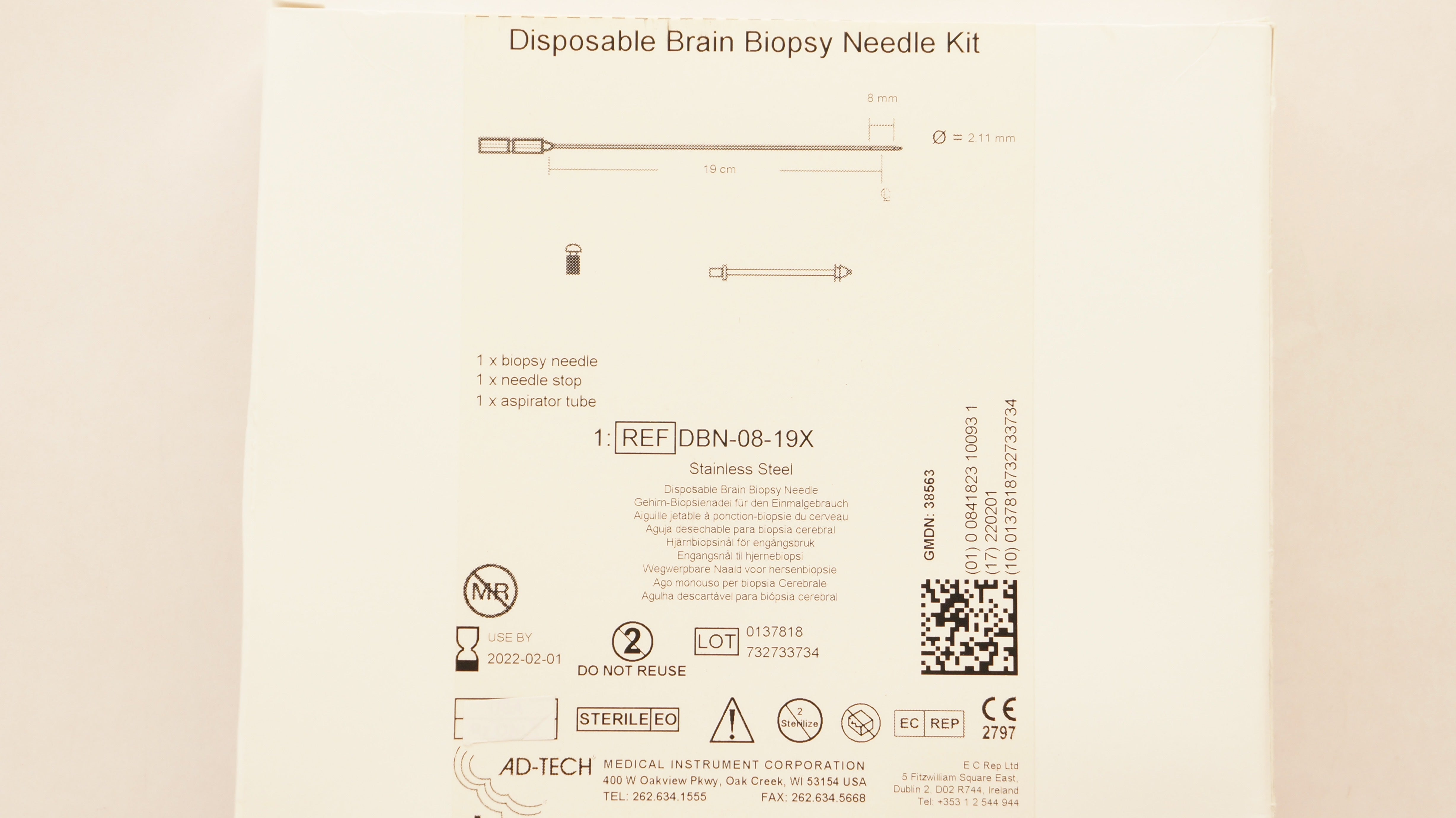 Ad-Tech DBN-08-19X Disposable Brain Biopsy Ndle Kit 19cm x 8mm x 2.11mm (x)
