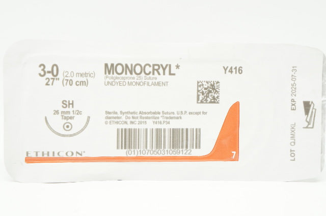 Ethicon Y416 3-0 Monocryl Undyed Monofilament SH 26mm 1/2c Taper, 27 inch