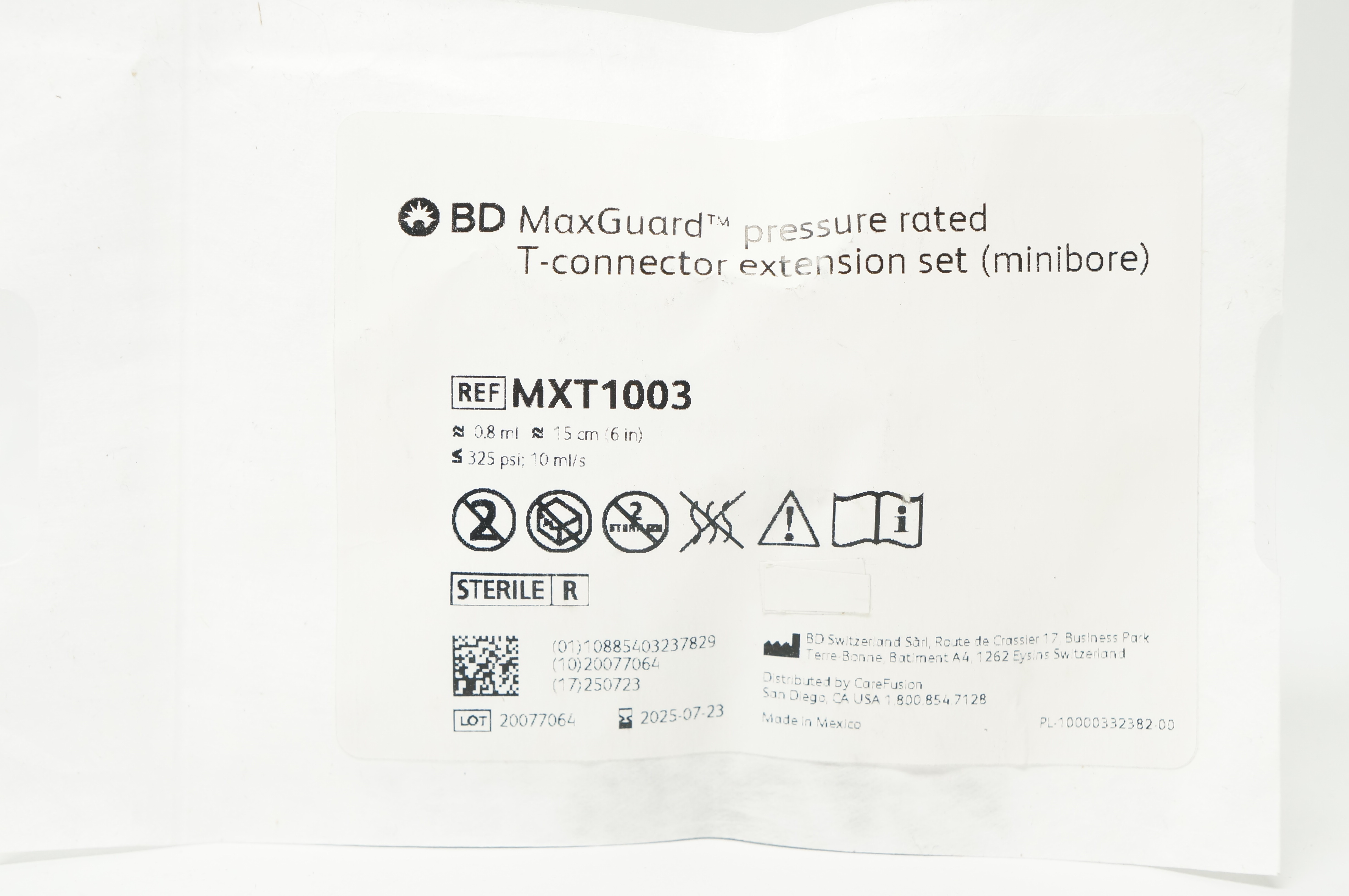 BD MXT1003 MaxGuard Pressure Rated T-Connector Extension Set ≈0.8ml ≈6 inch