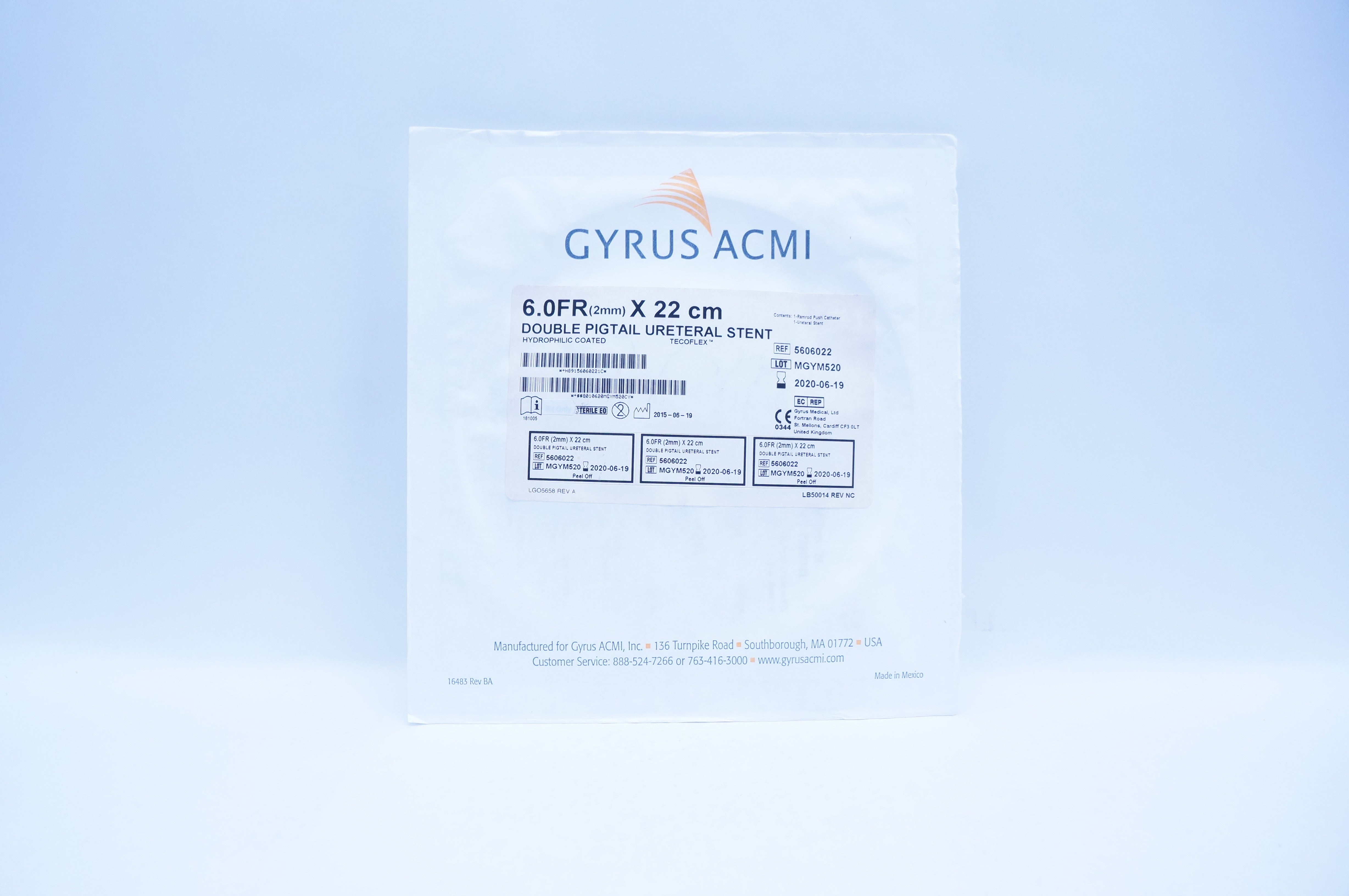 Gyrus ACMI 5606022 Tecoflex Double Pigtail Ureteral Stnt 6Fr x 22cm (x)