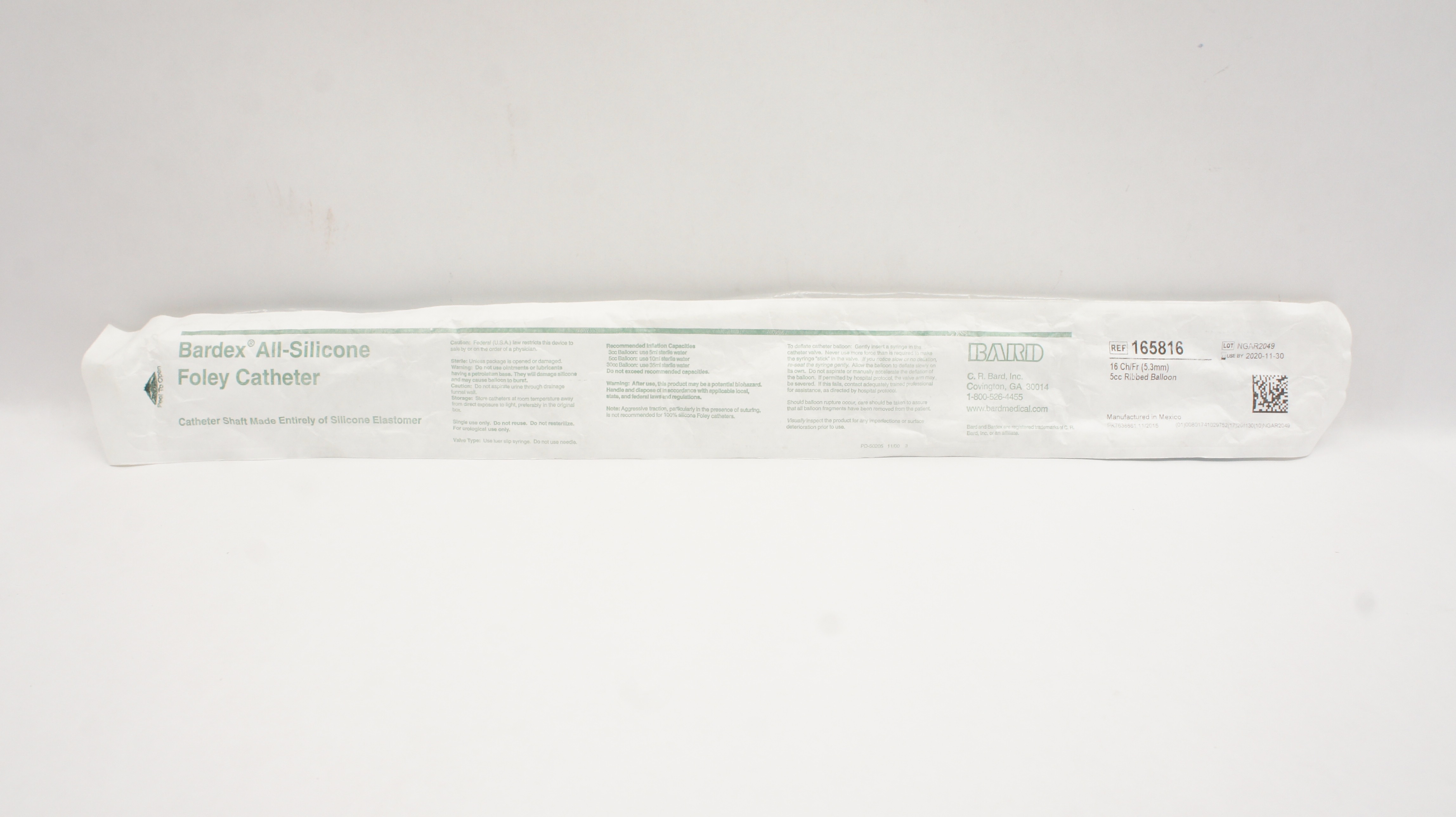 Bard 165816 Bardex All-Silicone Foley Cath. 16Fr. 5cc Ribbed Balloon (x)