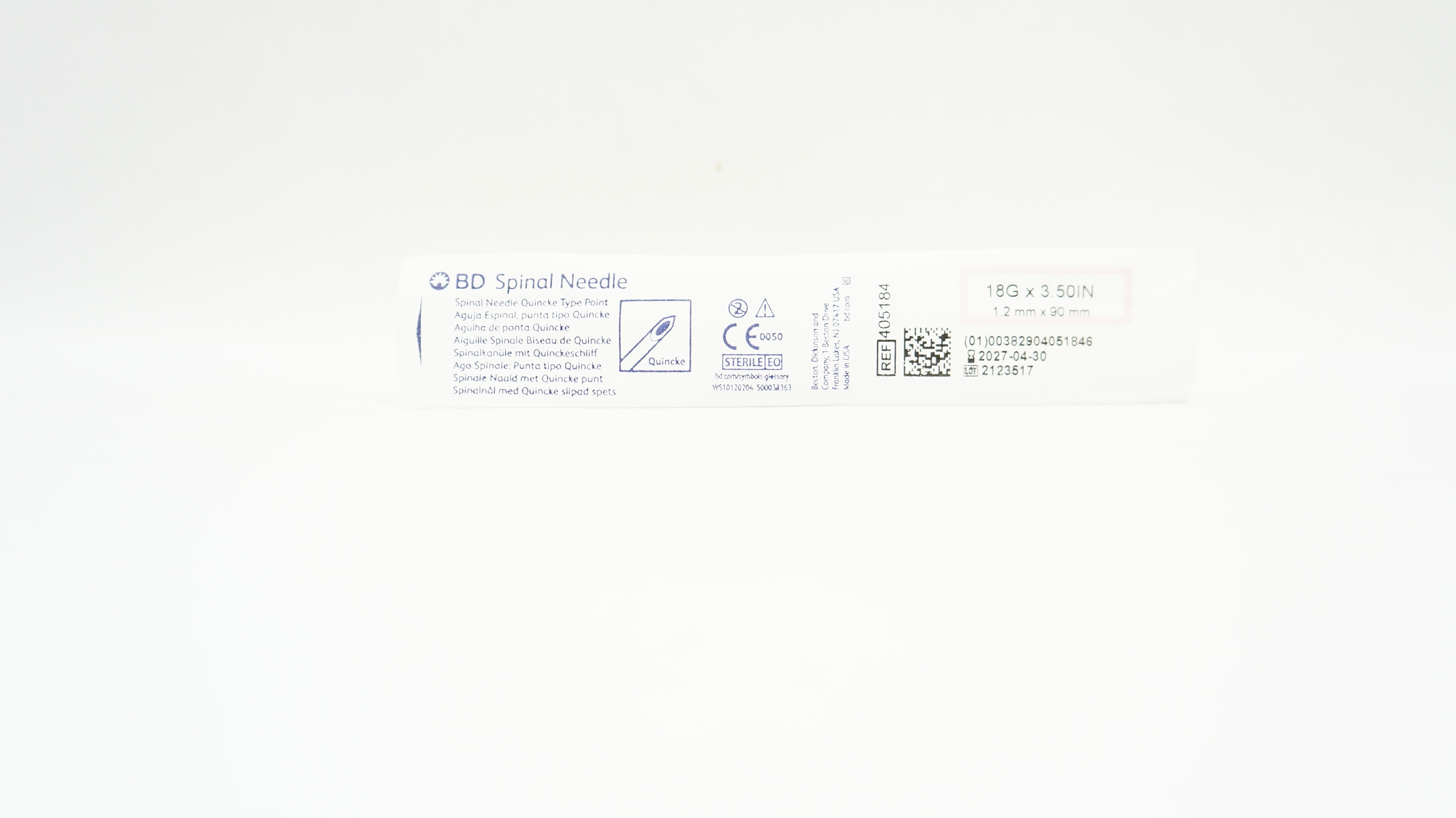 BD 405184 Spinal Ndle Quincke Type Point 18G x 3.5inch