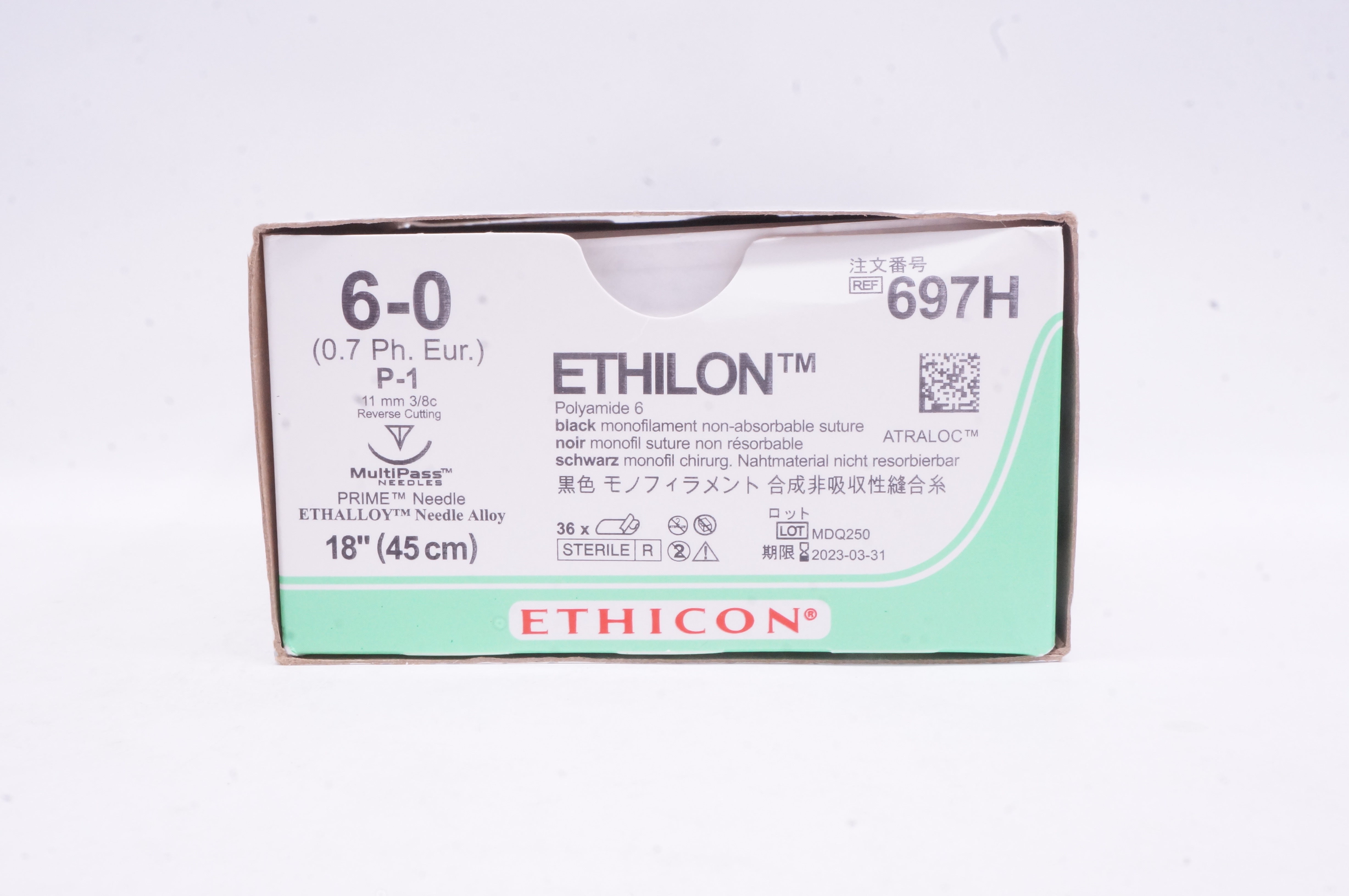 Ethicon 697 6-0 Ethilon Nylon Stre P-1 11mm 3/8c Reverse Cutting 18in -Box of 32