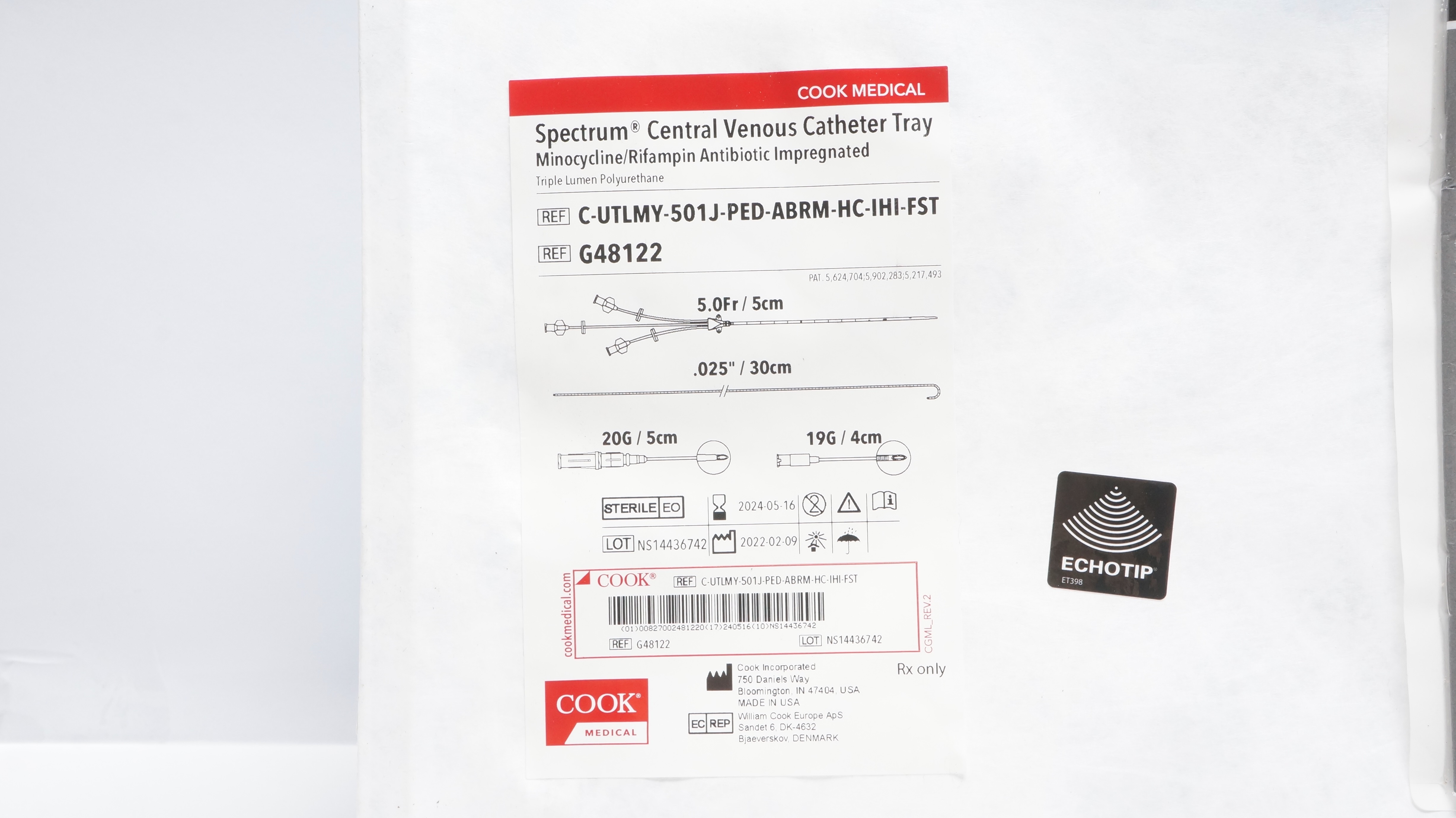 Cook Medical G48122 Spectrum Central Venous Cath. Tray 5.0Fr /.025inch (x)