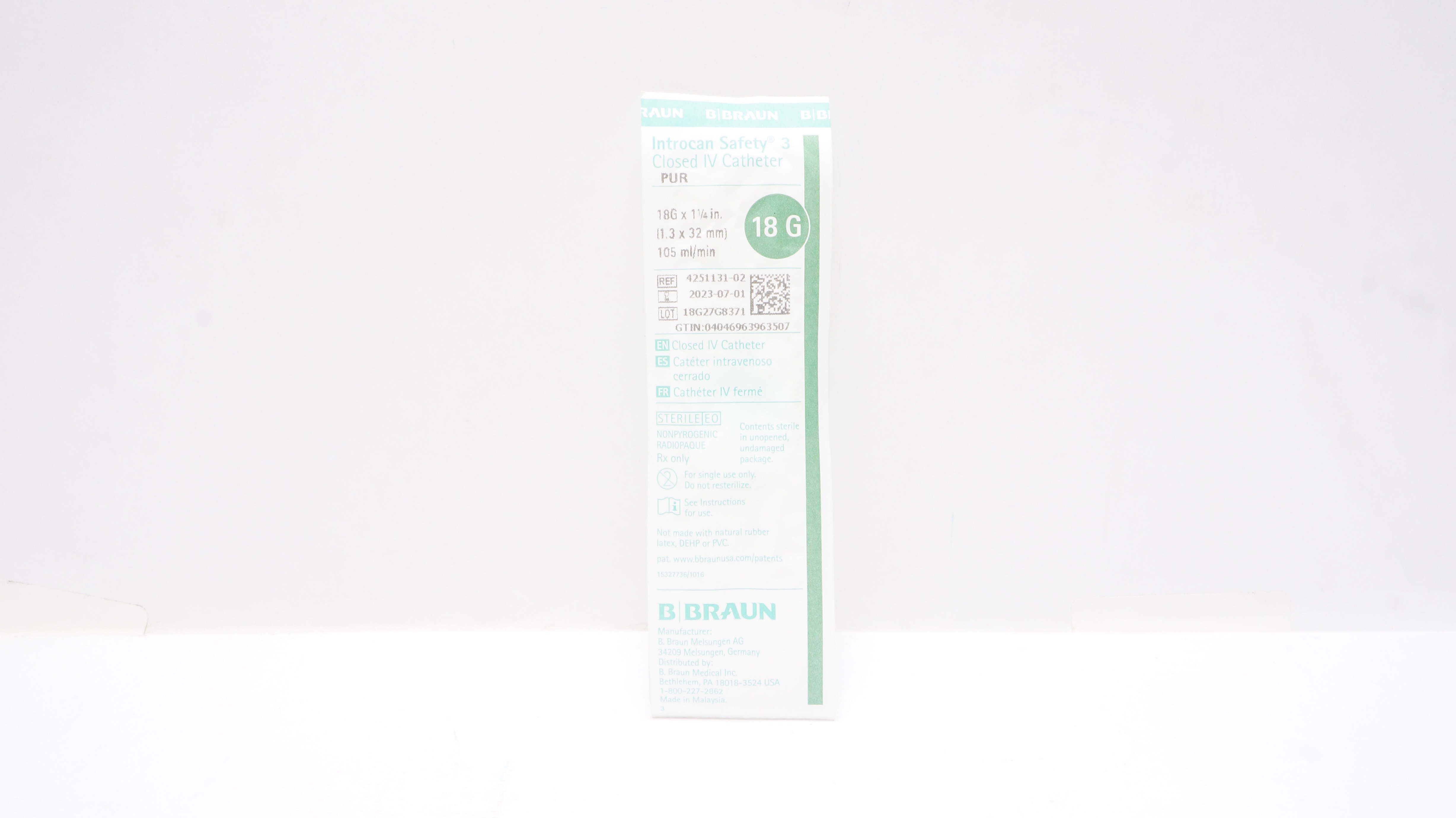 B.Braun 4251131-02 Introcan Safety 3 Closed IV Cath. PUR 18G x 1-1/4inch (x)