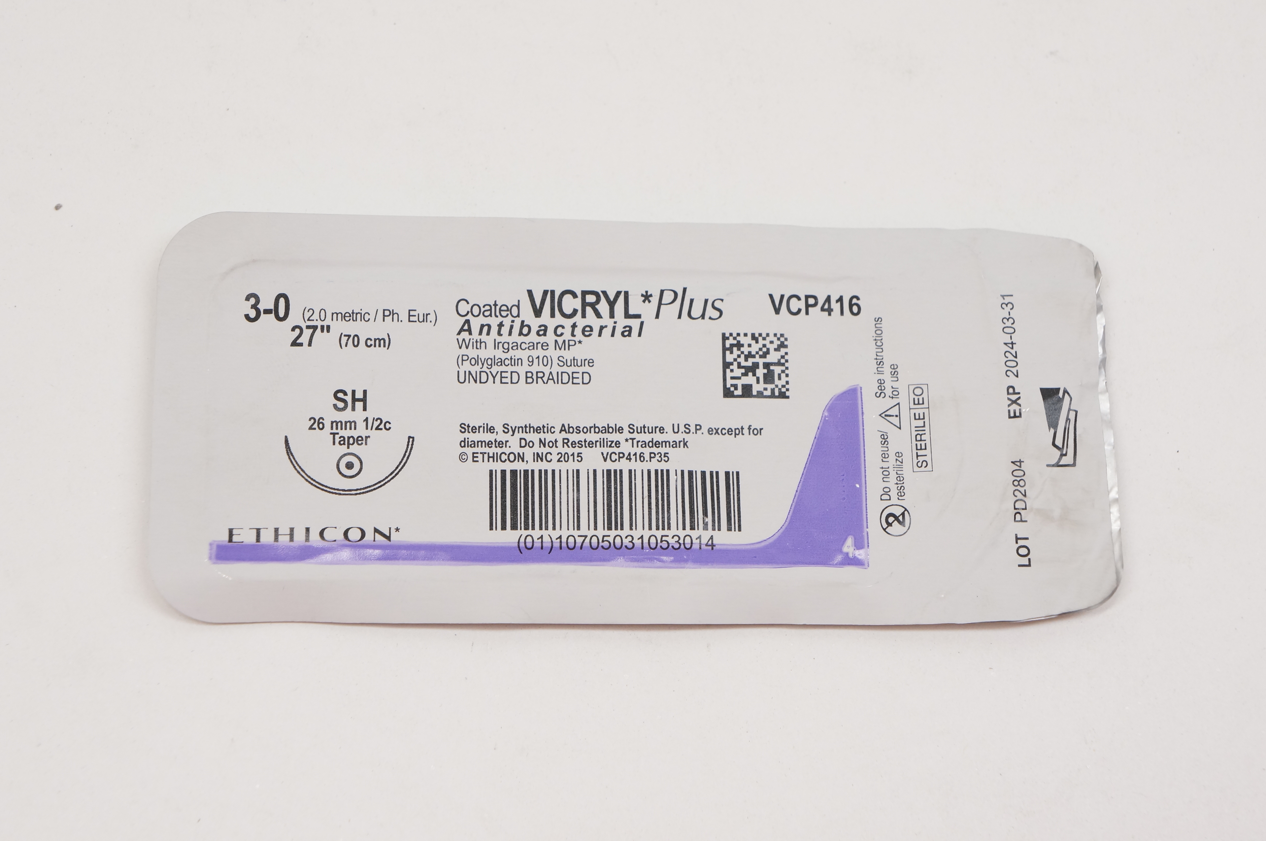 Ethicon VCP416 3-0 VICRYL Plus, SH, 26mm 1/2c Taper, 27inch